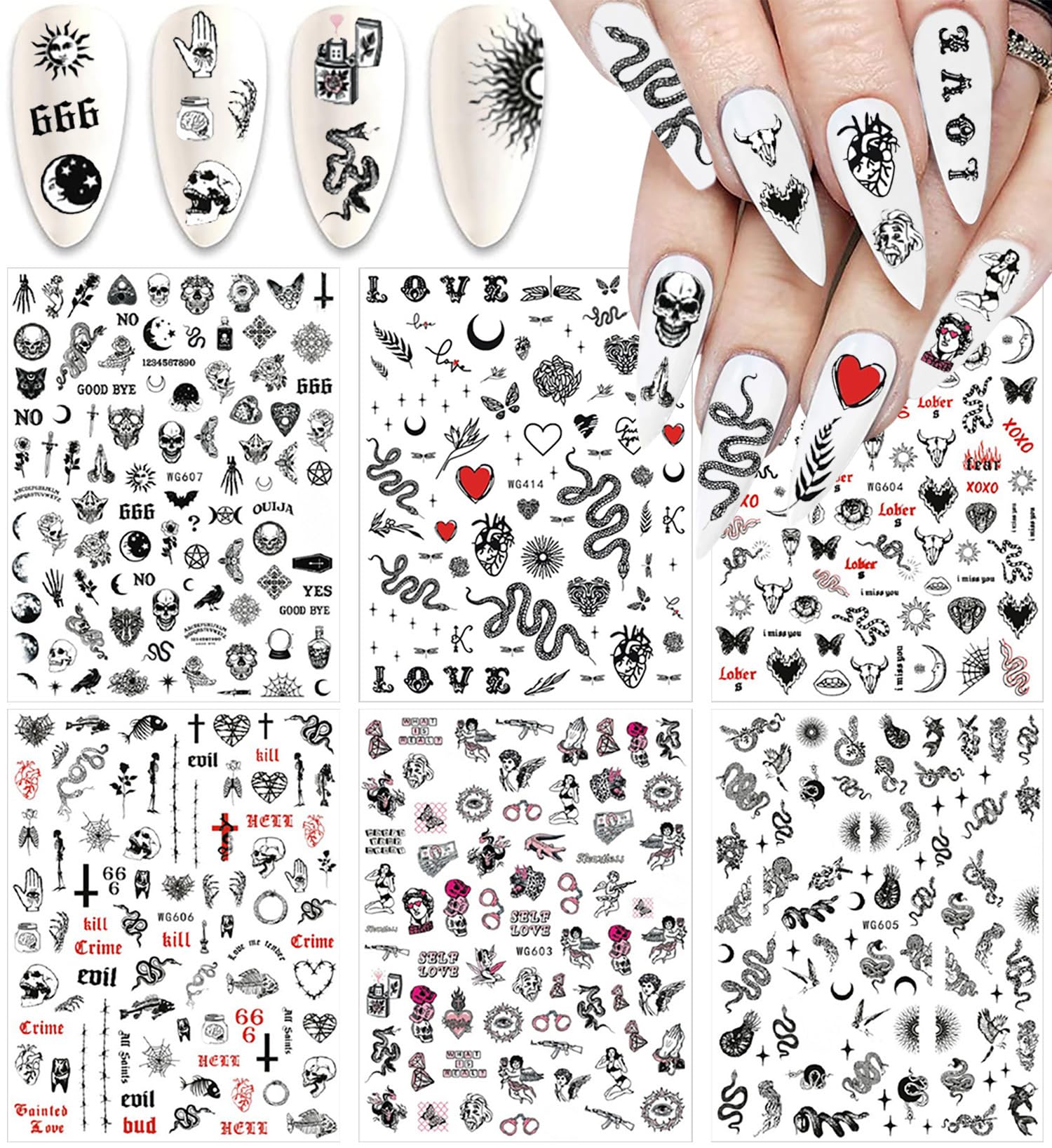 3D Self-Adhesive Snake & Skull Nail Art Stickers - 6 Sheets Dark Gothic Nail Decals for Acrylic Nails, Manicure Tips & Nail Art Designs (Perfect for Halloween, Gothic Parties & Dark Aesthetic Nail Art)