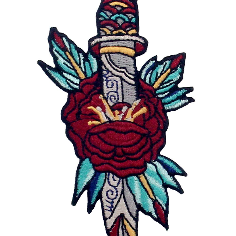 Flower and Dagger Embroidered Patch - Iron On & Sew On Applique Badge for Jackets, Hats, Bags - Gothic Punk Rock Fashion Accessories