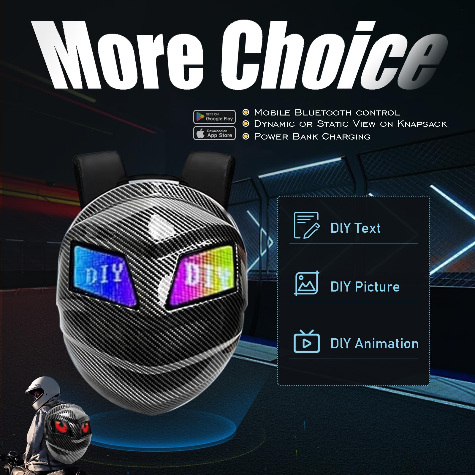 Waterproof LED Motorcycle Backpack for Men - Hard Shell Helmet Bag with Programmable Lights, DIY Riding Travel Laptop Shoulder Bag (Carbon Fiber Texture) - Perfect for Commuting, Night Riding & Adventure Travel