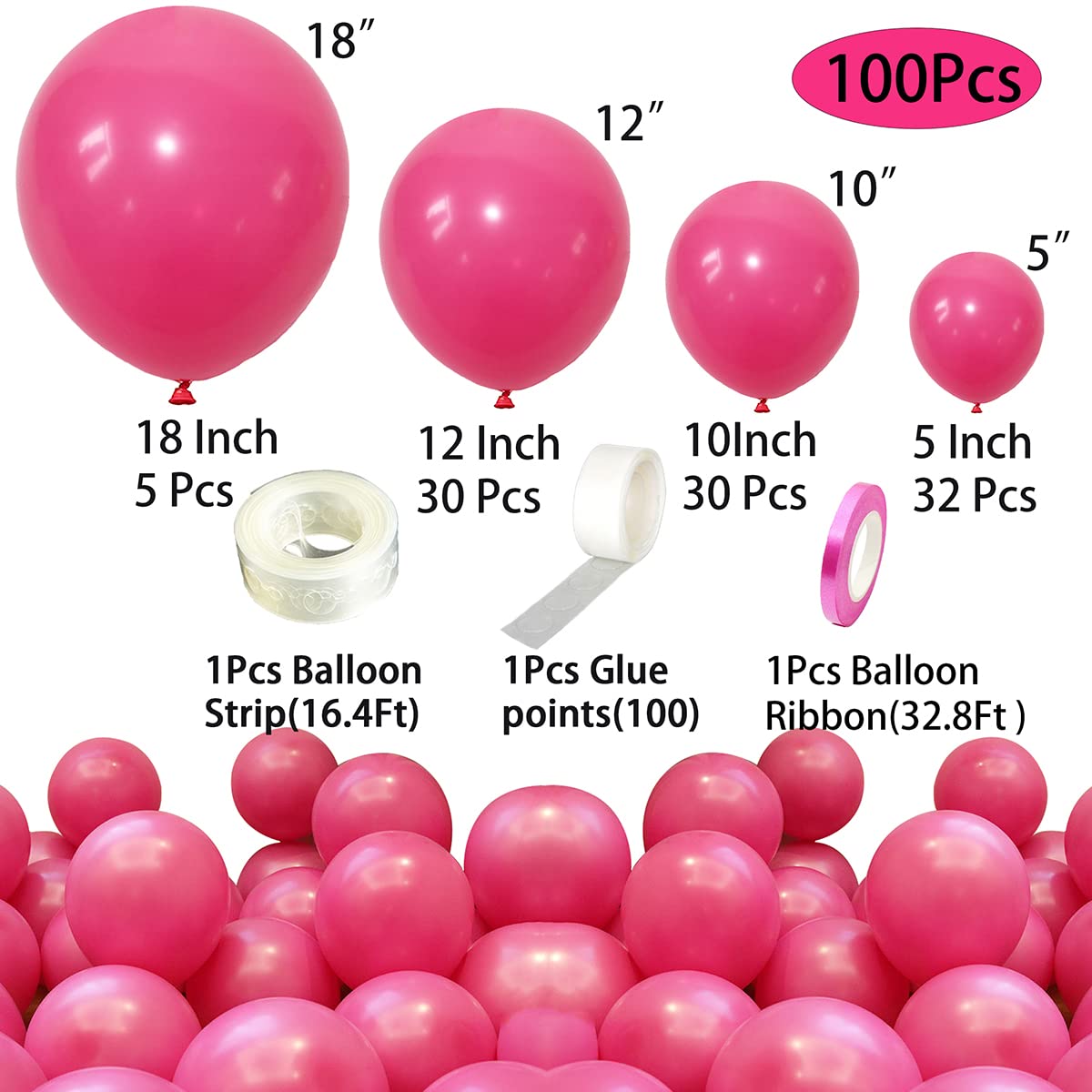 100Pcs Hot Pink Balloons Garland Arch Kit - 18/12/10/5 Inch Dark Pink Latex Balloons for Gender Reveal, Birthday Party, Valentine's Day Decorations | Perfect for Baby Showers, Bridal Showers, and Anniversary Celebrations
