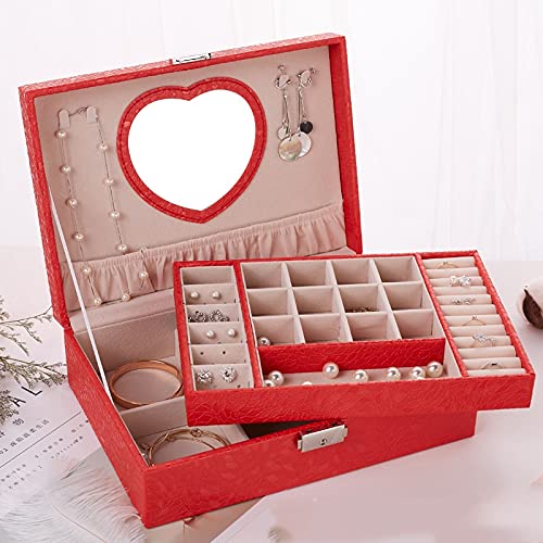 Elegant MIAOMSI PU Leather Jewelry Box with Double-Layer Wooden Frame - Princess Style Jewelry Organizer & Cosmetic Storage Case (Big Red) - Perfect for Bedroom Vanity, Travel & Gift Giving