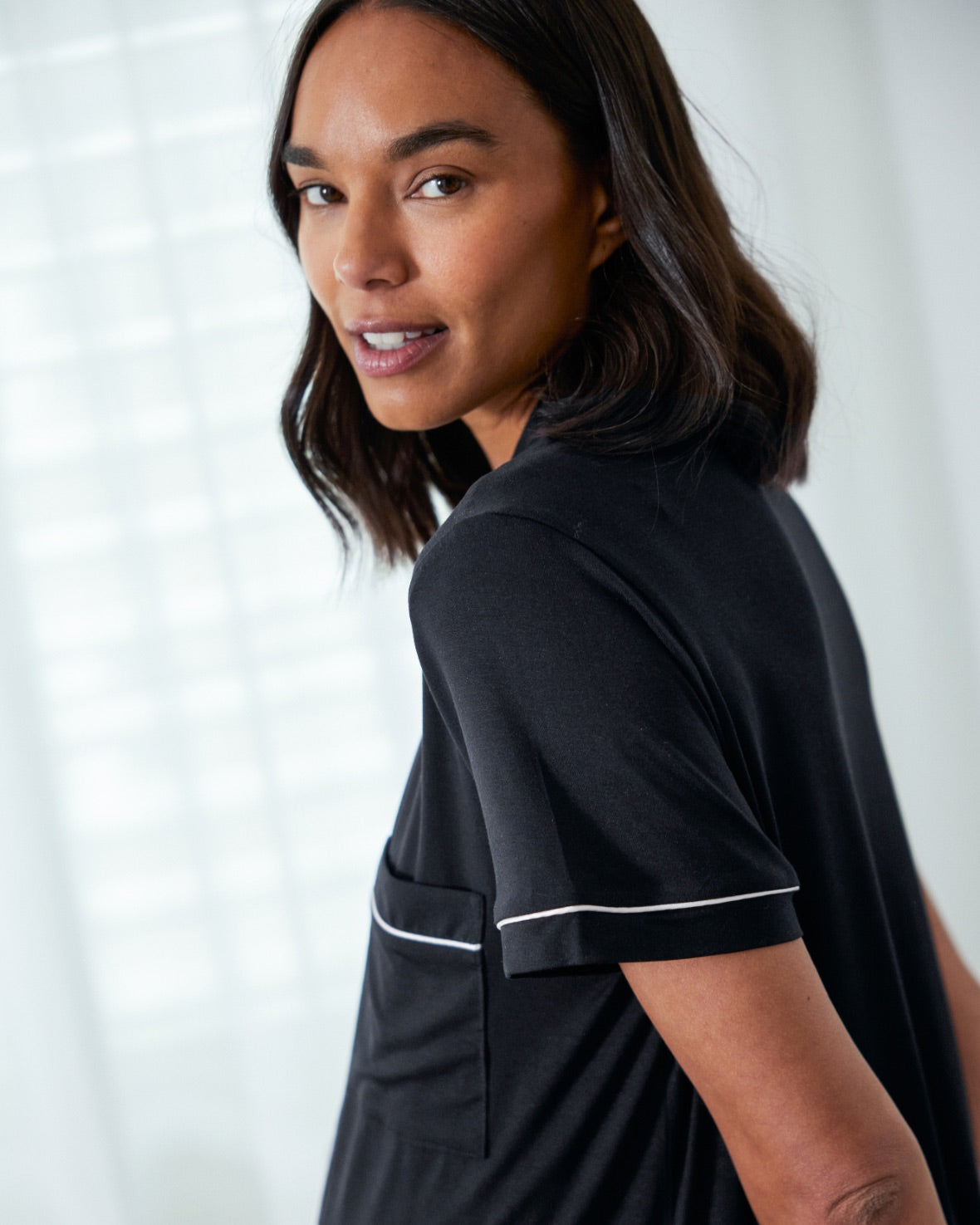 Soft & Breathable Maternity TENCEL™ Modal Short Sleeve Button Up Pajama Set - Black | Comfortable Nursing Sleepwear for Pregnant Women | Perfect for Relaxing at Home & Maternity Hospital Stays