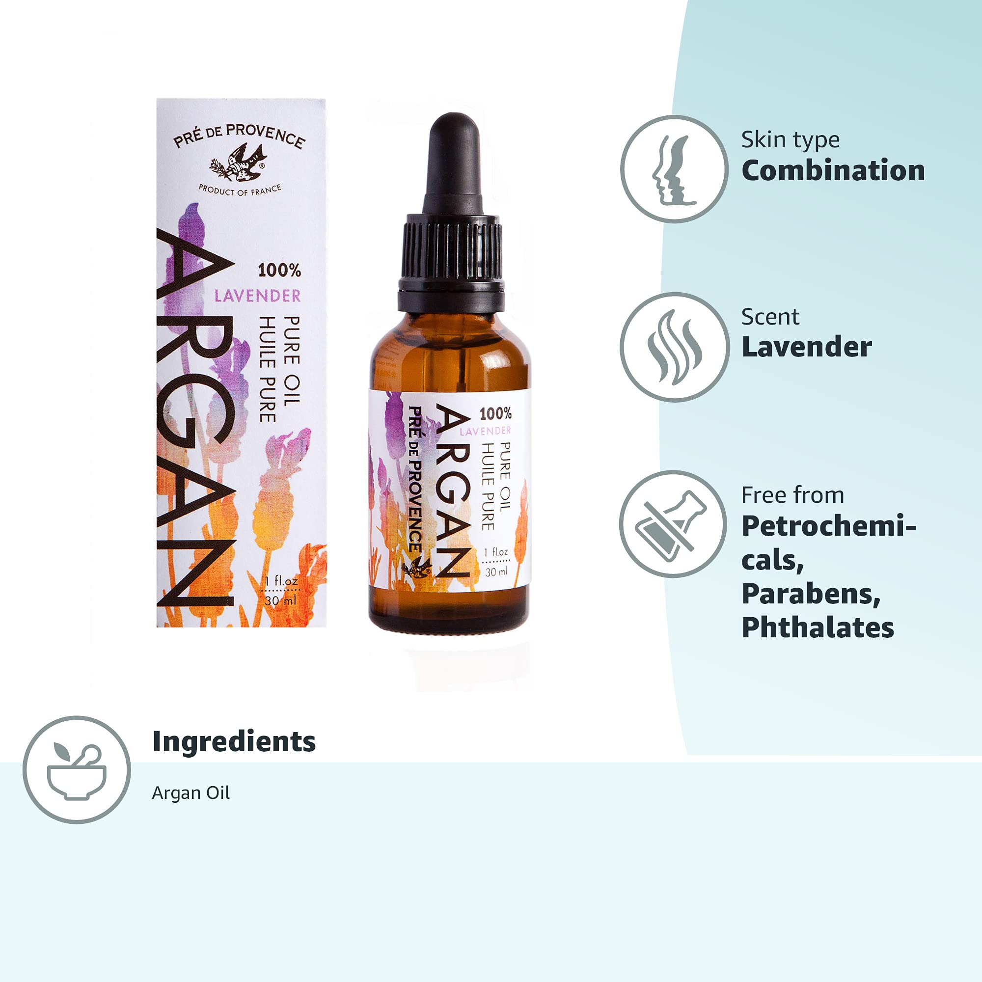 Pre De Provence Pure Moroccan Argan Oil for Skin, Face, Hair & Nails - 1oz Lavender Scented - Hydrating & Nourishing Treatment for Dry Skin & Damaged Hair - Perfect for Daily Moisturizing & Spa Nights