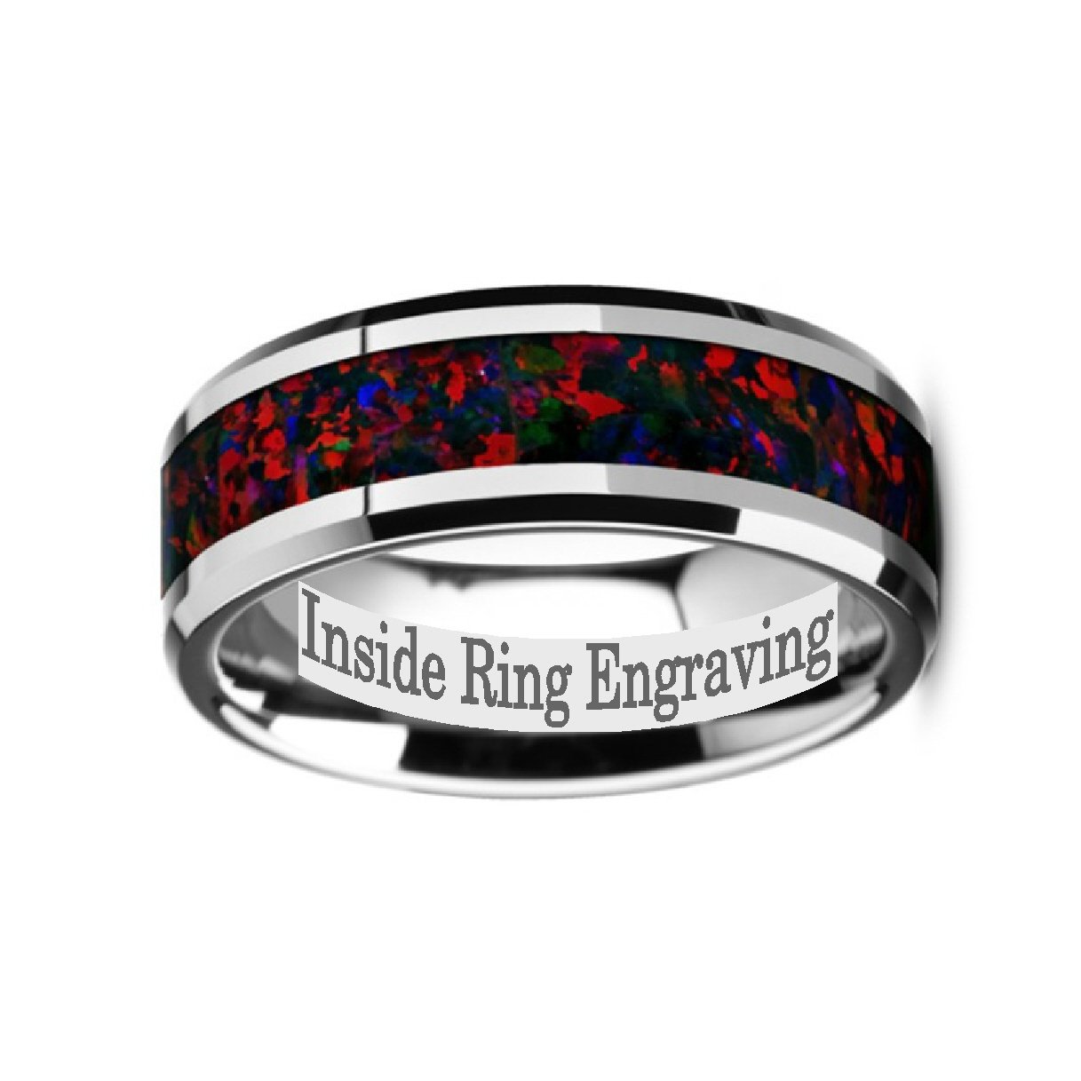 Tungsten Carbide Black Opal Inlay Men's Wedding Band - 8mm Wide Beveled Edge Ring with Custom Engraving - Perfect for Anniversary, Engagement & Formal Occasions