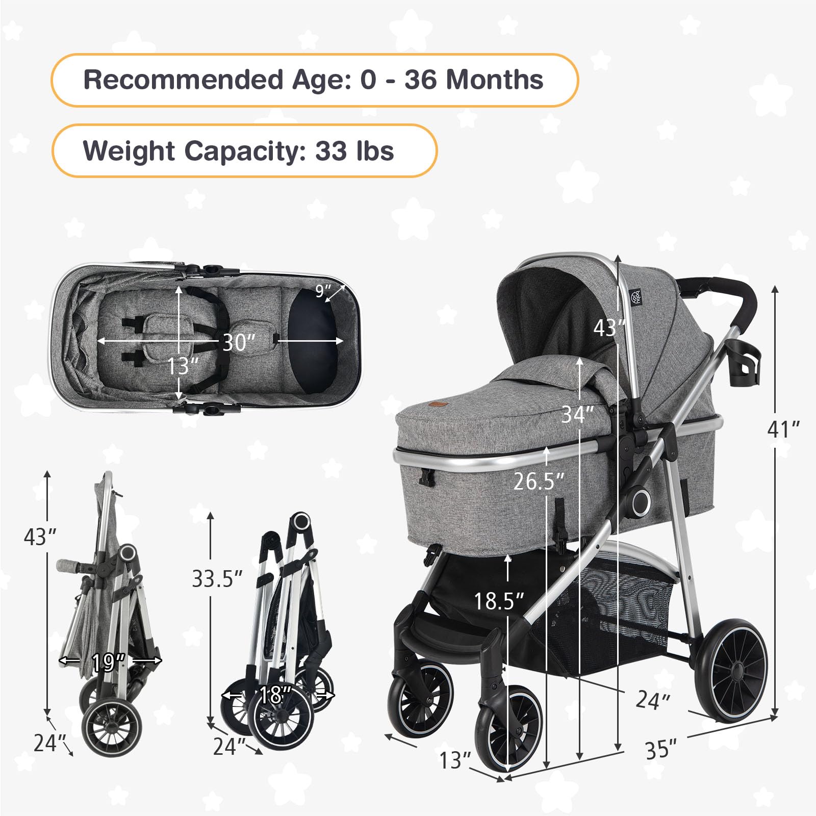 BABY JOY 2-in-1 Convertible Baby Stroller - Reversible Seat, Adjustable Canopy & Backrest, Removable Footmuff for Newborn to 3 Years (0-36 Months) | Lightweight Foldable Travel Stroller for Shopping, Park & Daily Use | Gray