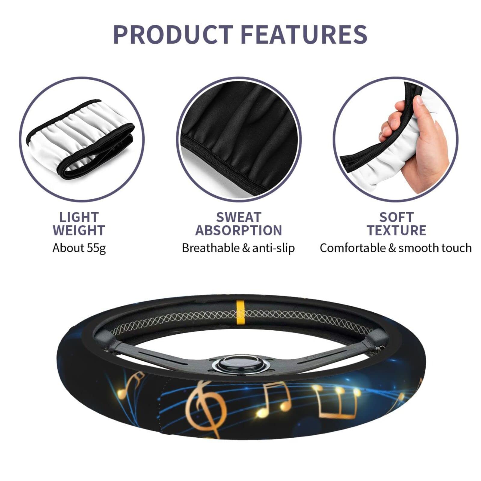 Universal 15 Inch Navy Music Note Steering Wheel Cover - Neoprene Car Wheel Protector with Music Notes Print - Cute Automotive Accessories for Cars, Trucks & SUVs - Perfect for Music Lovers & Gift Giving