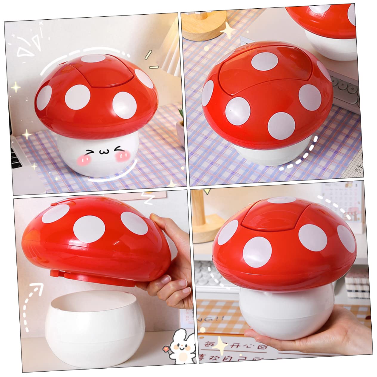 Mushroom Shaped Desk Trash Can - Small Decorative Waste Basket with Lid for Office & Home - Cute Red Garbage Bin for Desk, Bedroom, Dorm Room, Kids Room
