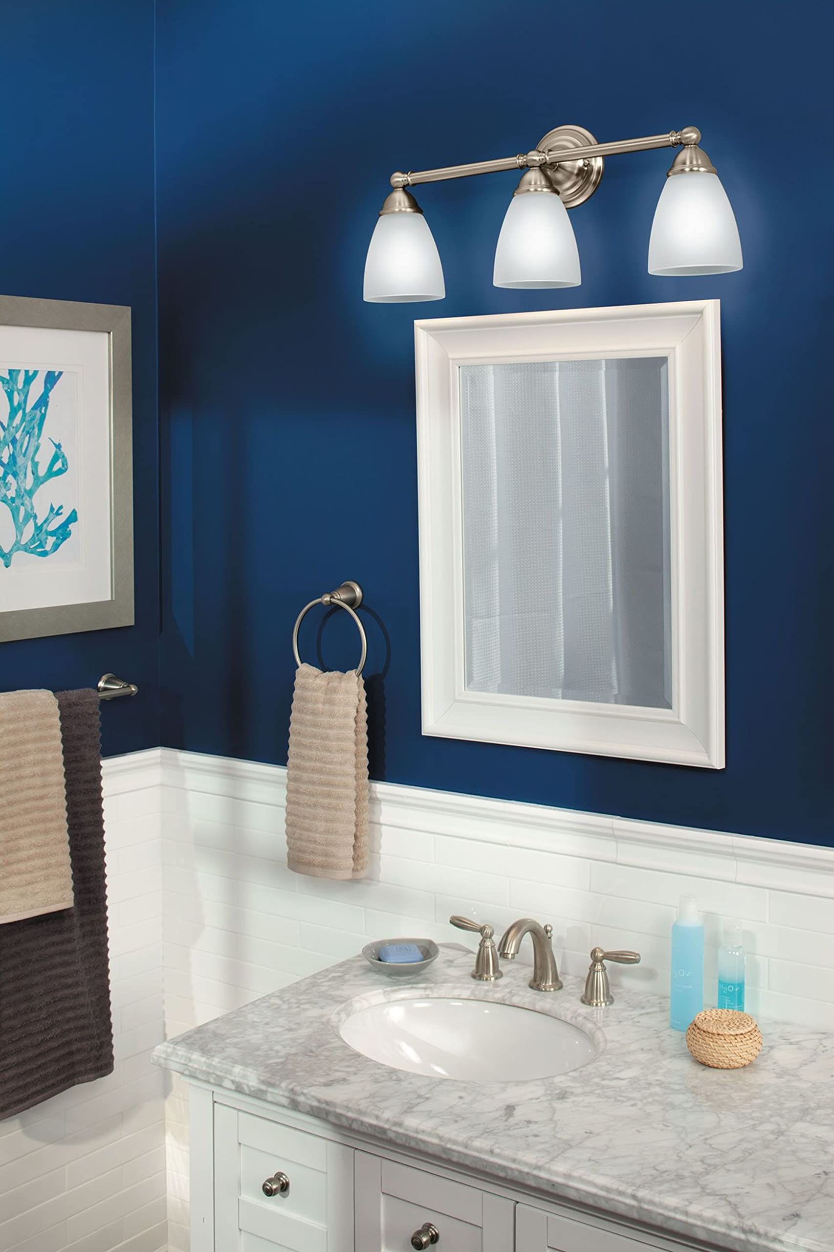 Moen YB2263BN Brantford 3-Light Bathroom Vanity Light Fixture - Brushed Nickel Finish with Frosted Glass Shades - Perfect for Bathroom, Powder Room, and Dressing Area Lighting
