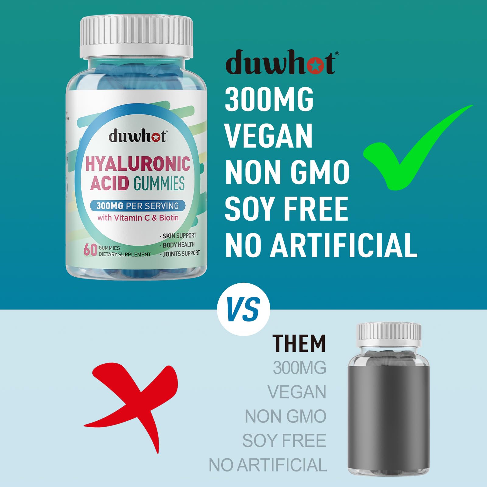 Hyaluronic Acid Gummies with Vitamin C & Biotin 5000mcg - Skin, Hair & Nails Supplement - 60 Chewable Gummies for Hydration & Collagen Support | Perfect for Daily Beauty Routine & Anti-Aging Care