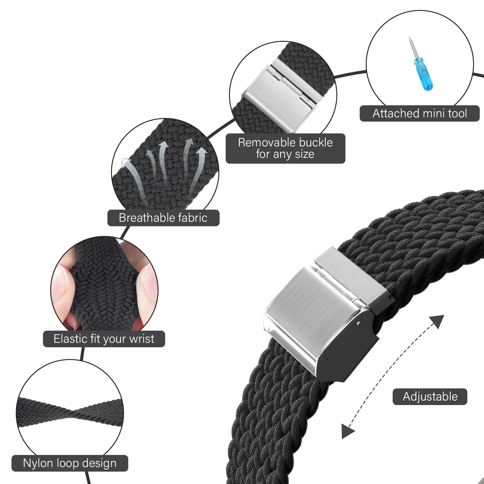 Braided Nylon Apple Watch Bands for Series 9/8/7/6/5/4/3/2/SE/Ultra/Ultra 2 - Adjustable, Breathable Replacement Strap for 38mm 40mm 41mm 42mm 44mm 45mm 49mm - Perfect for Workouts, Running & Everyday Wear