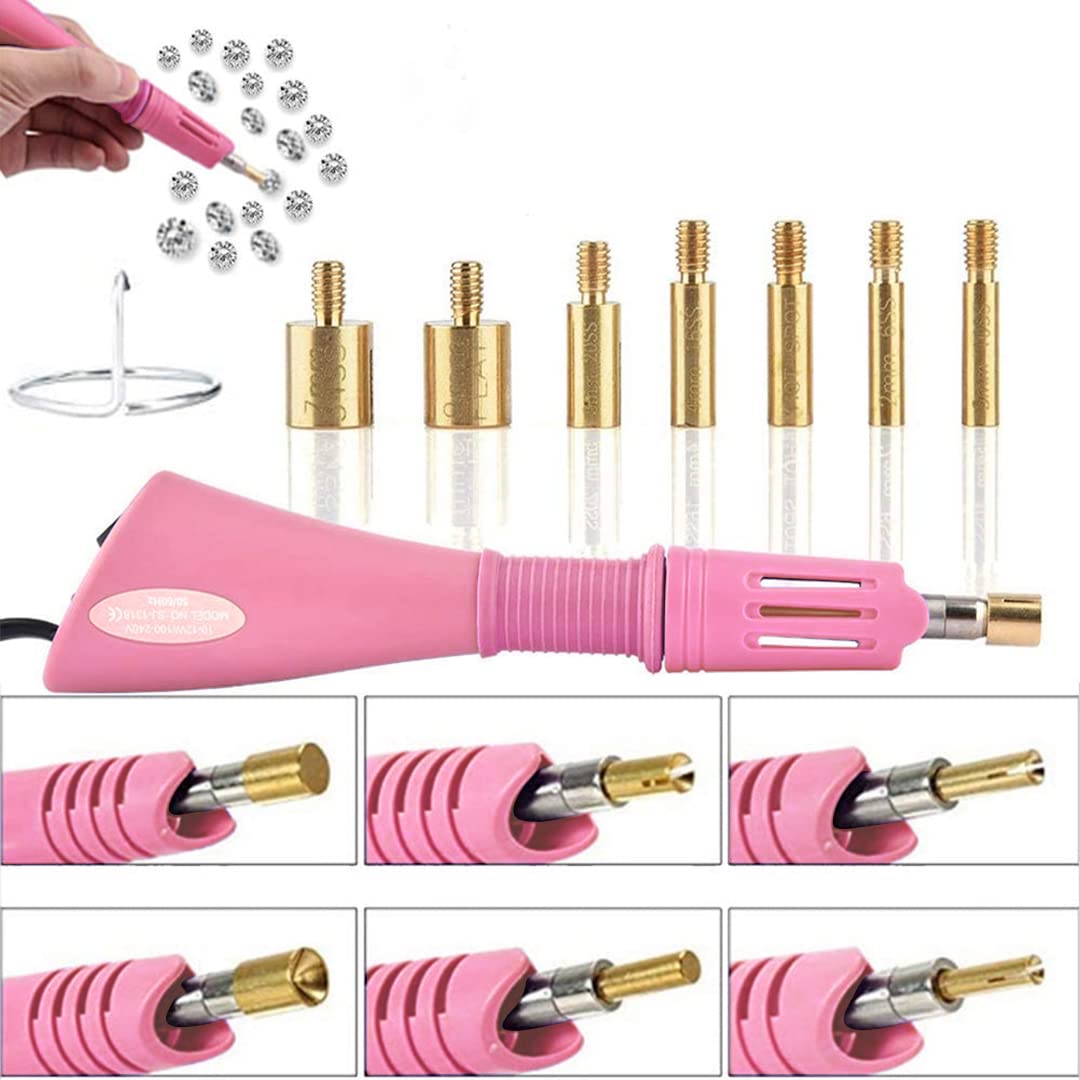 Professional 7-in-1 Hotfix Rhinestone Applicator Kit with 7 Size Tips & Stand - DIY Iron-on Crystal Gem Tool for Clothing, Shoes, Bags & Crafts (Pink) - Perfect for Fashion Design, Costume Making & Home Decor Projects