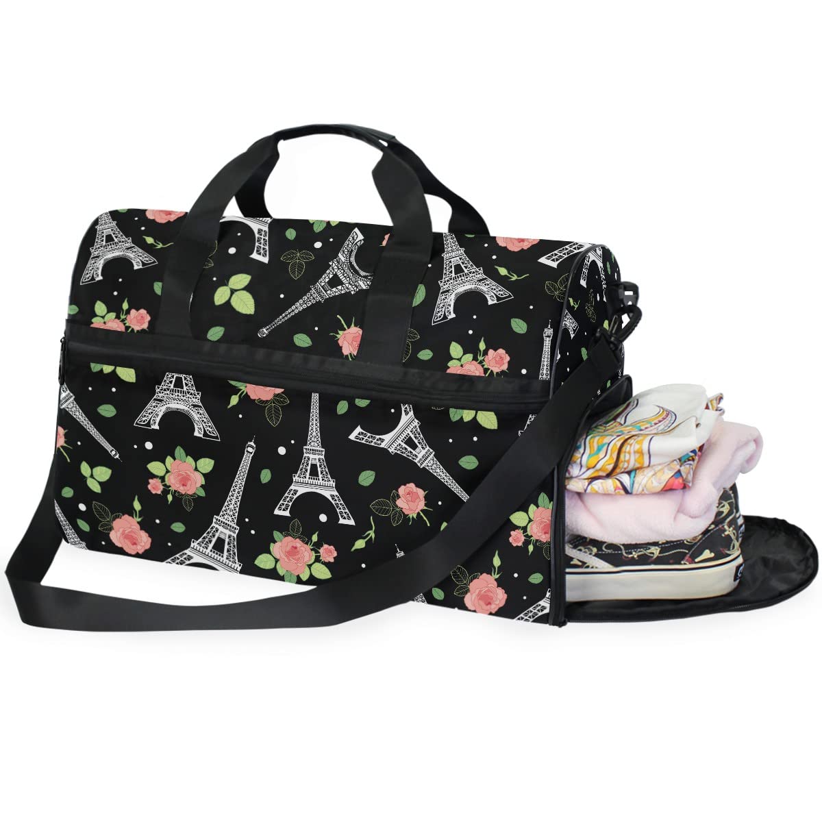 Eiffel Tower & Roses Black Travel Duffel Bag - Adjustable Strap Sports Gym Bag for Men & Women | Perfect for Weekend Trips, Overnight Travel & Workout Essentials