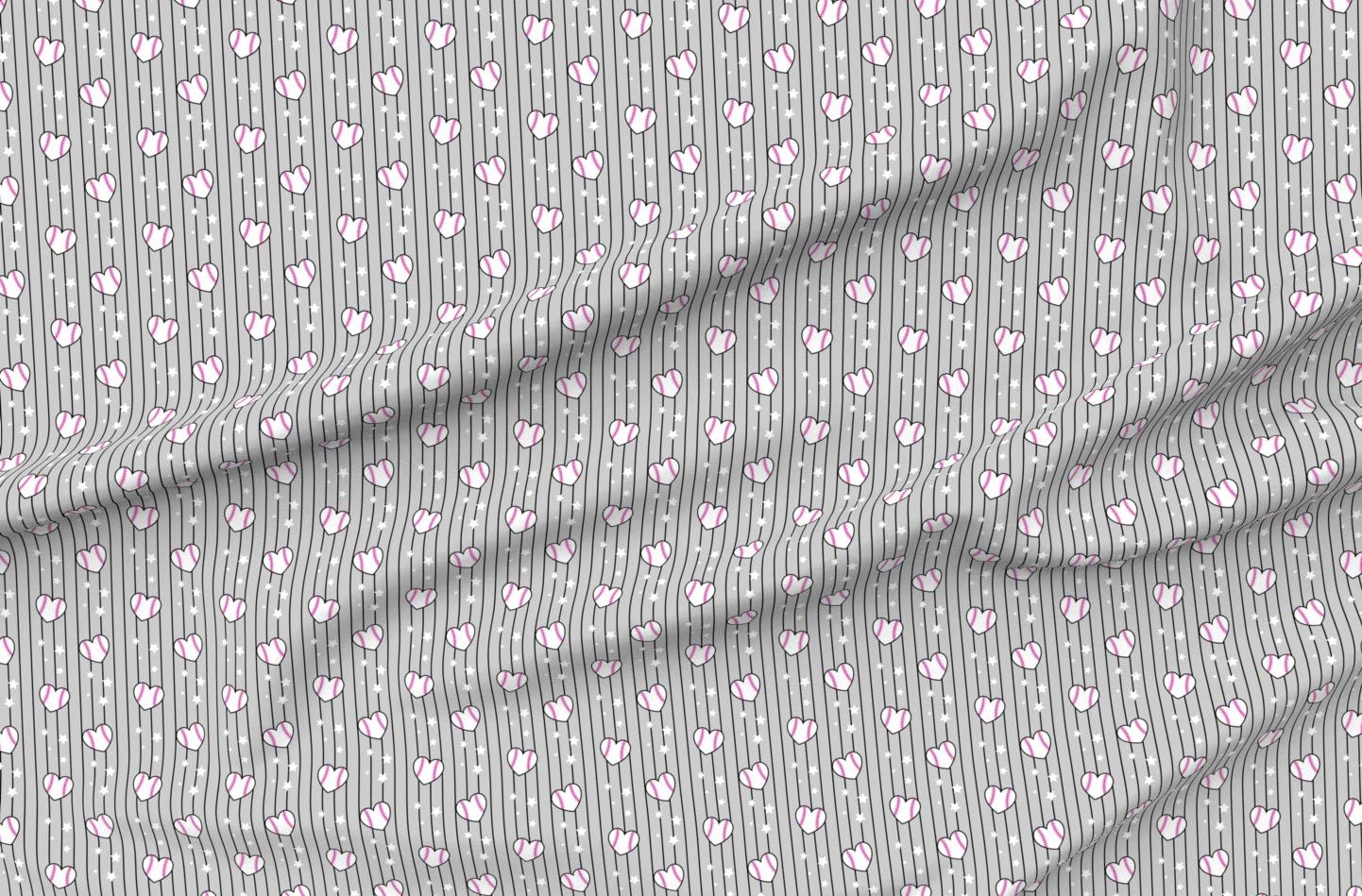 Heart Baseballs Gray Kawaii Softball Printed Petal Signature Cotton Fabric - Fat Quarter for Sewing, Quilting, Apparel, Crafts & Home Decor - Perfect for DIY Sports-Themed Projects & Girly Room Decor