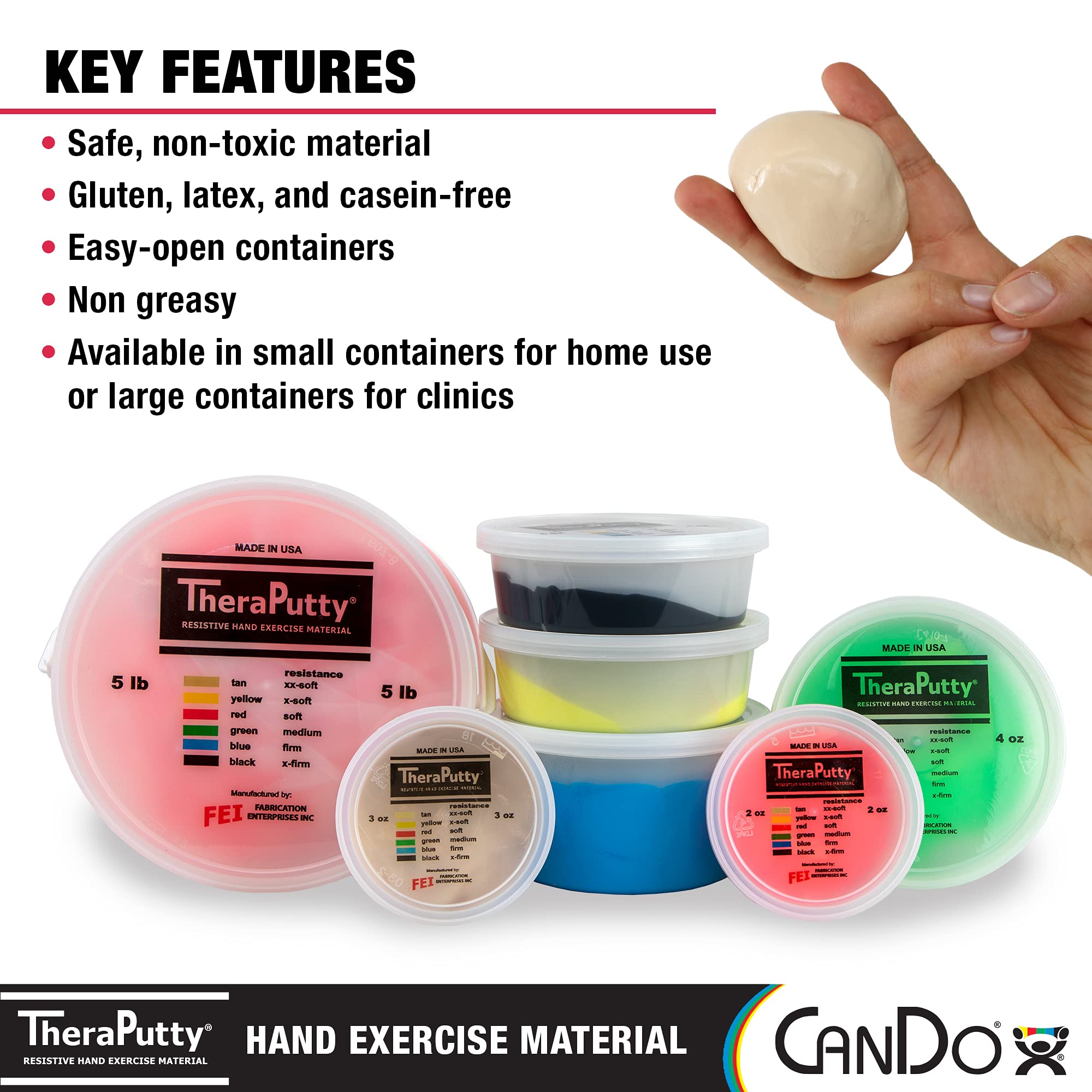 CanDo TheraPutty Standard Hand Exercise Putty - Occupational Therapy Putty for Rehabilitation, Hand Strengthening & Stress Relief - Improves Motor Skills & Grip Strength for Adults & Seniors - Perfect for Physical Therapy, Arthritis Relief & Post-Surgery Recovery
