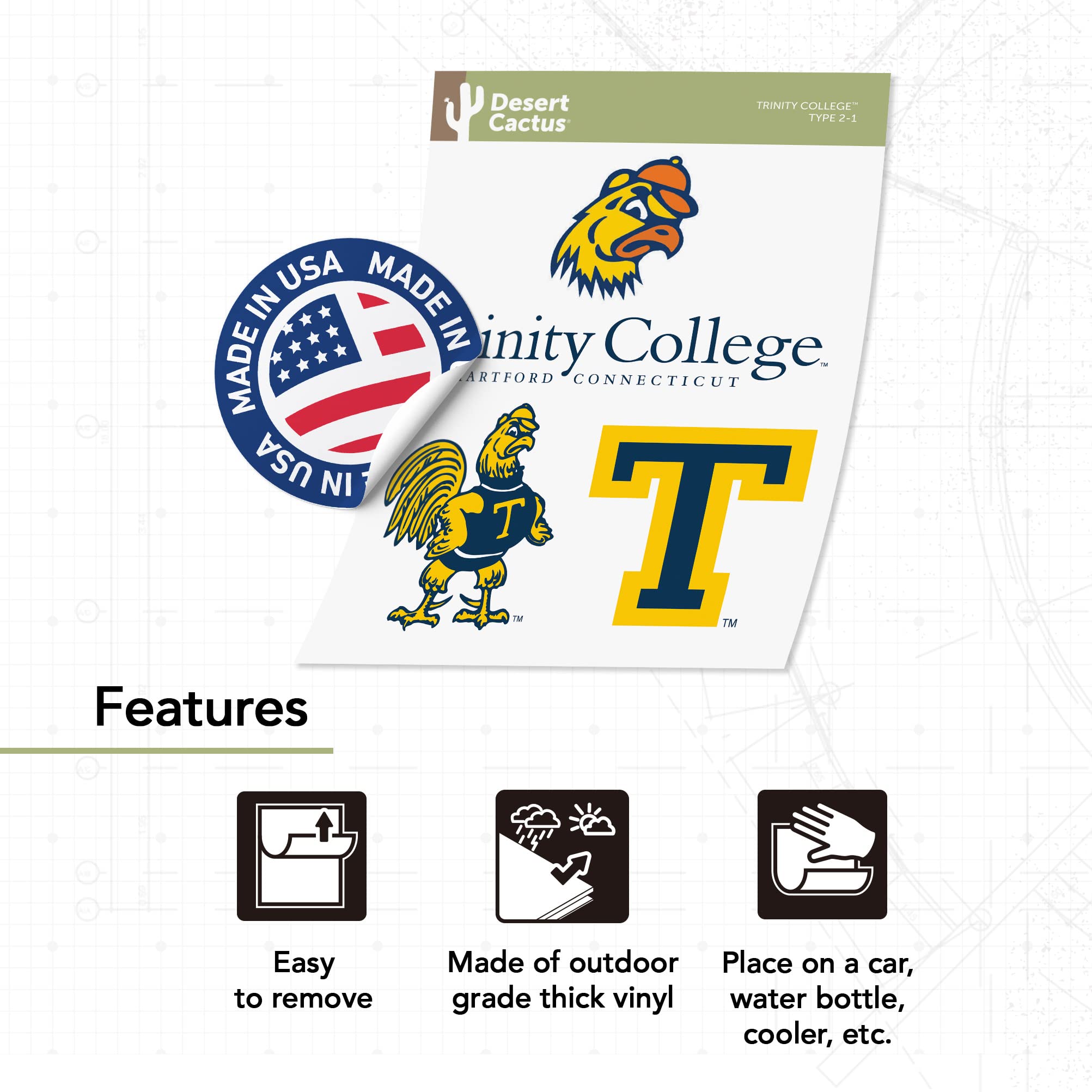 Desert Cactus Trinity College Bantams Vinyl Decal Sticker - Waterproof Laptop, Water Bottle, Car, Scrapbook Decor - Perfect for College Dorm, School Spirit & Fan Gifts