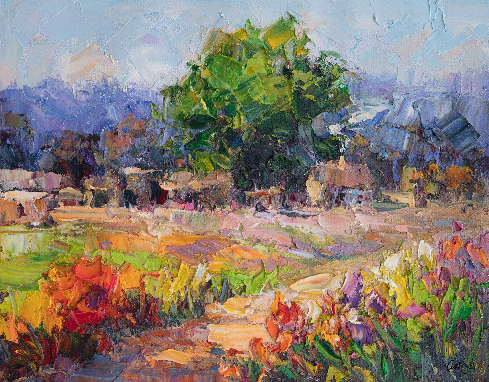 Original Abstract Oil Painting - Tuscany Landscape with Poppy Fields, Small Wall Art for Home & Office Decor | Modern Abstract Landscape Artwork