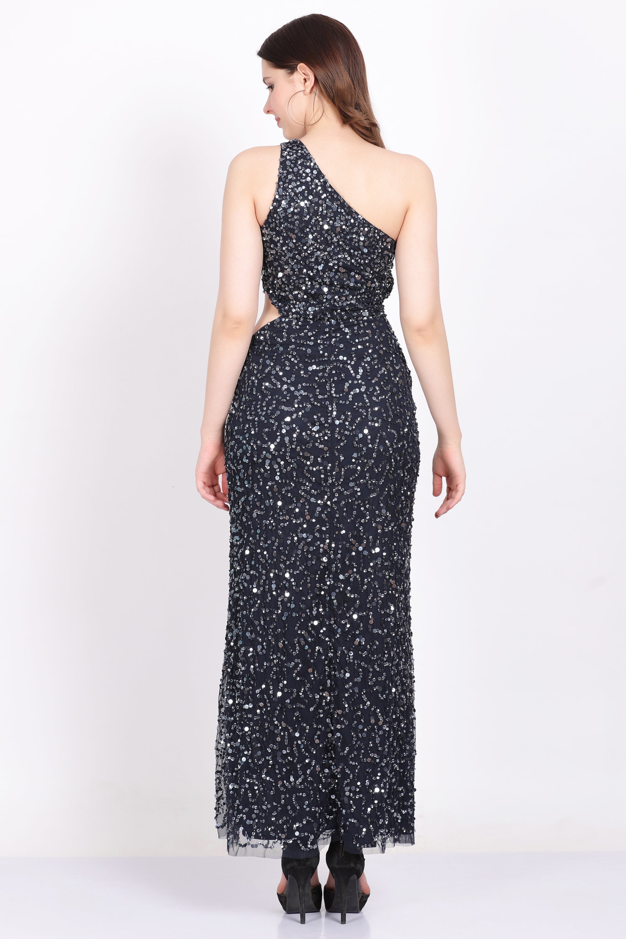 Navy Blue One Shoulder Sequin Party Dress for Women - Elegant Evening Gown for Prom, Cocktail, Wedding & Special Occasions