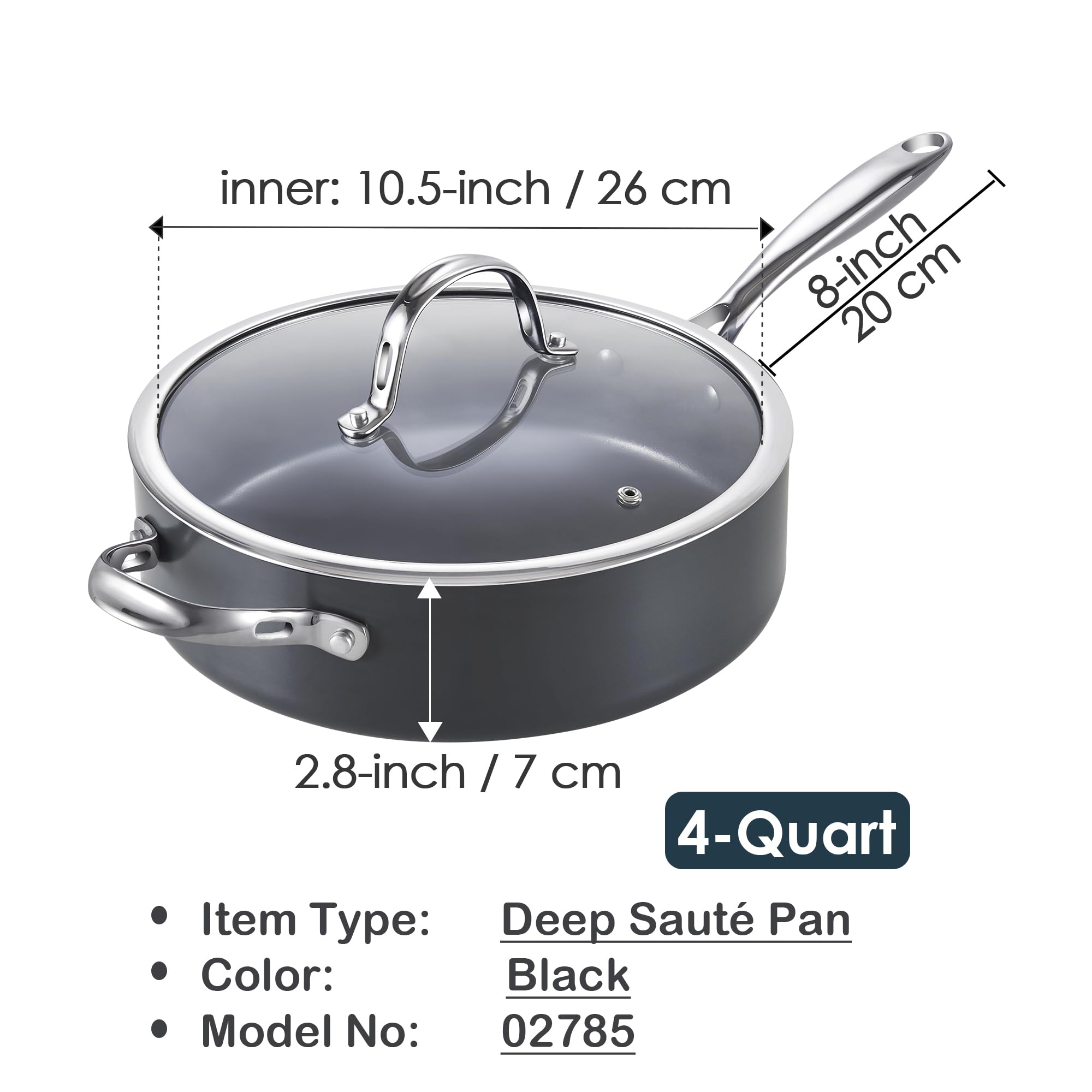 **Cooks Standard 10.5-inch Nonstick Deep Sauté Pan with Lid – 4-QT Hard Anodized Ceramic Induction Cookware – Oven Safe Large Skillet for Frying, Searing & Braising – Perfect for Home Chefs & Professional Kitchens**    *(Use Case: Ideal for frying chicken, searing steaks, braising vegetables, and preparing one-pot meals – great for stovetop, oven, or induction cooking.)*