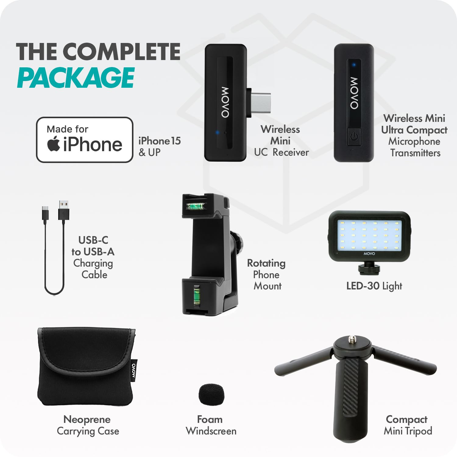 Movo VSK1 Wireless Vlogging Kit for iPhone 15 - Complete YouTube Starter Kit with Wireless Microphone, LED Light, Hand Grip & Mini Tripod - Perfect for Content Creators, Travel Vlogging, Live Streaming & Social Media Videos