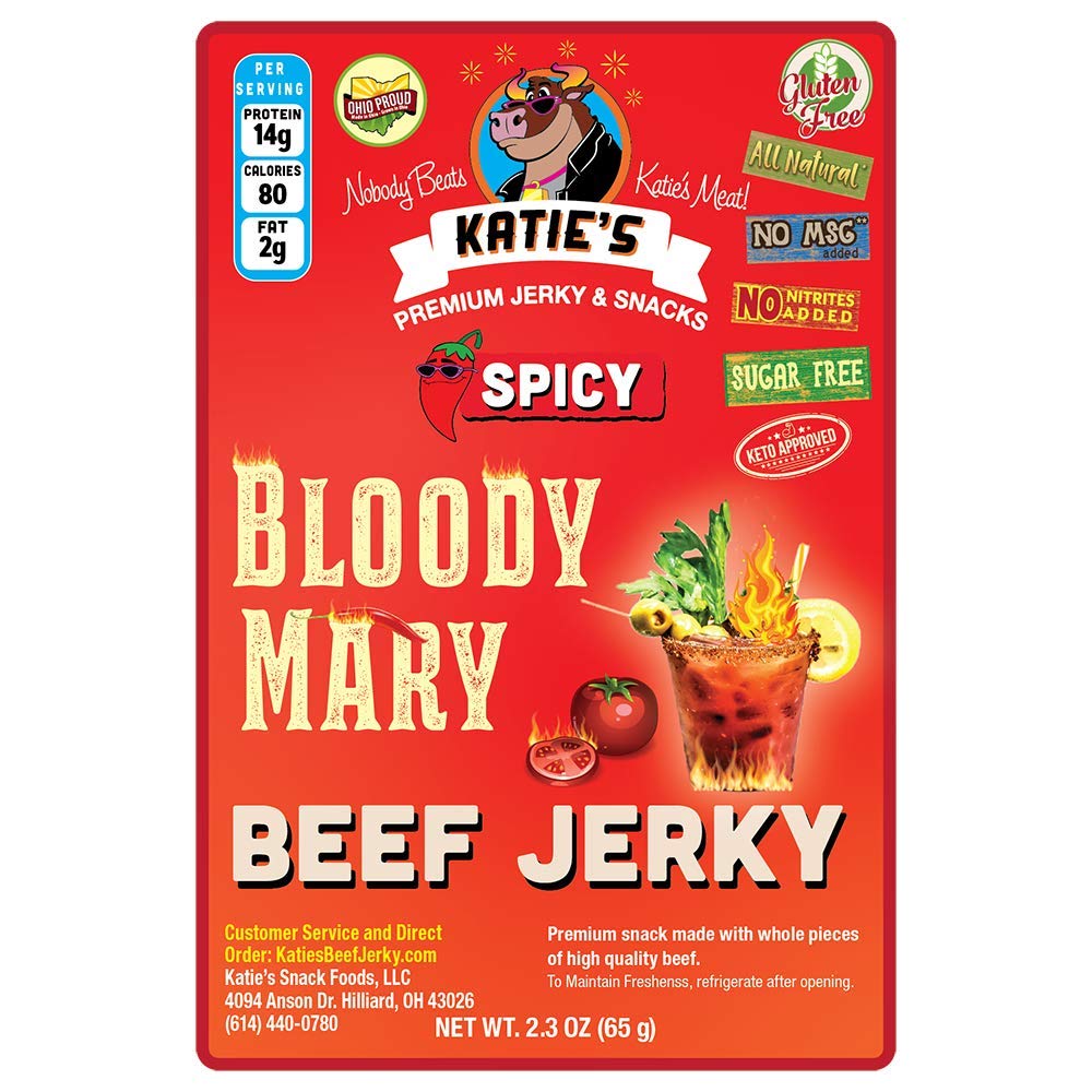 Katie's Sugar Free Beef Jerky - 12 Keto-Friendly Flavors | High Protein, Low Carb Meat Snacks | Gluten Free & Made in USA | Perfect for Hiking, Camping & Office Snacks (Spicy Bloody Mary, 6 Pack)