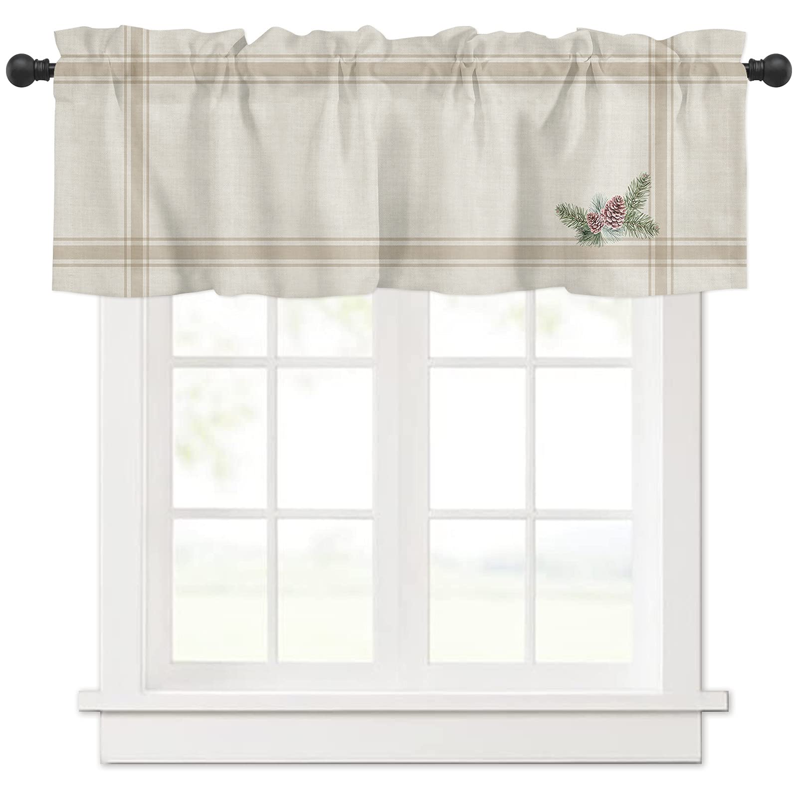 Farmhouse Christmas Curtain Valance - Pine Cone Khaki Winter Holiday Window Treatment, 54x18 Inch Rod Pocket Cafe Curtains for Kitchen & Living Room - Perfect for Seasonal Home Decor & Cozy Holiday Atmosphere