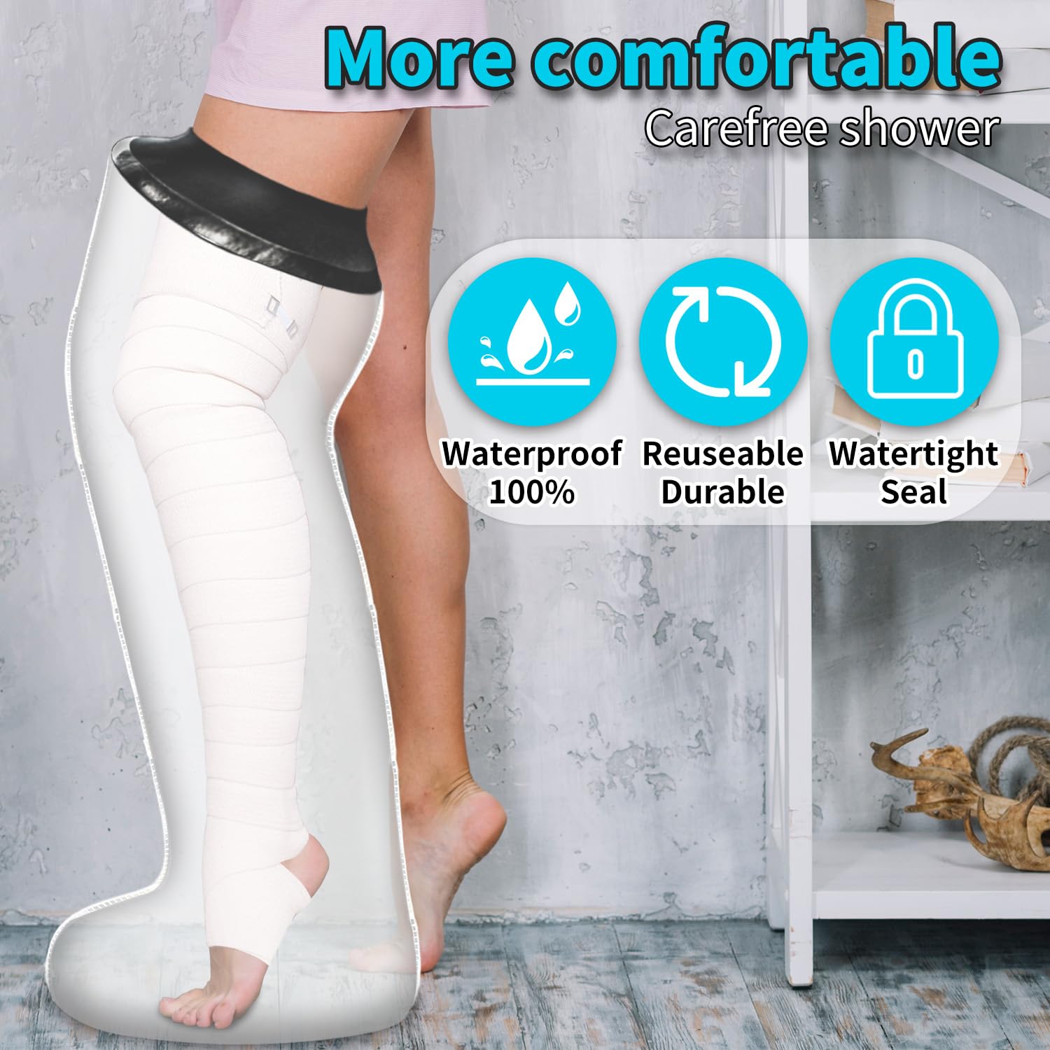 KT1190 Waterproof Full Leg Cast Cover for Shower - Reusable Adult Leg Cast Protector for Broken Leg, Knee, Foot & Ankle Wounds or Burns - Ideal for Post-Surgery, Injury Recovery & Daily Hygiene Care