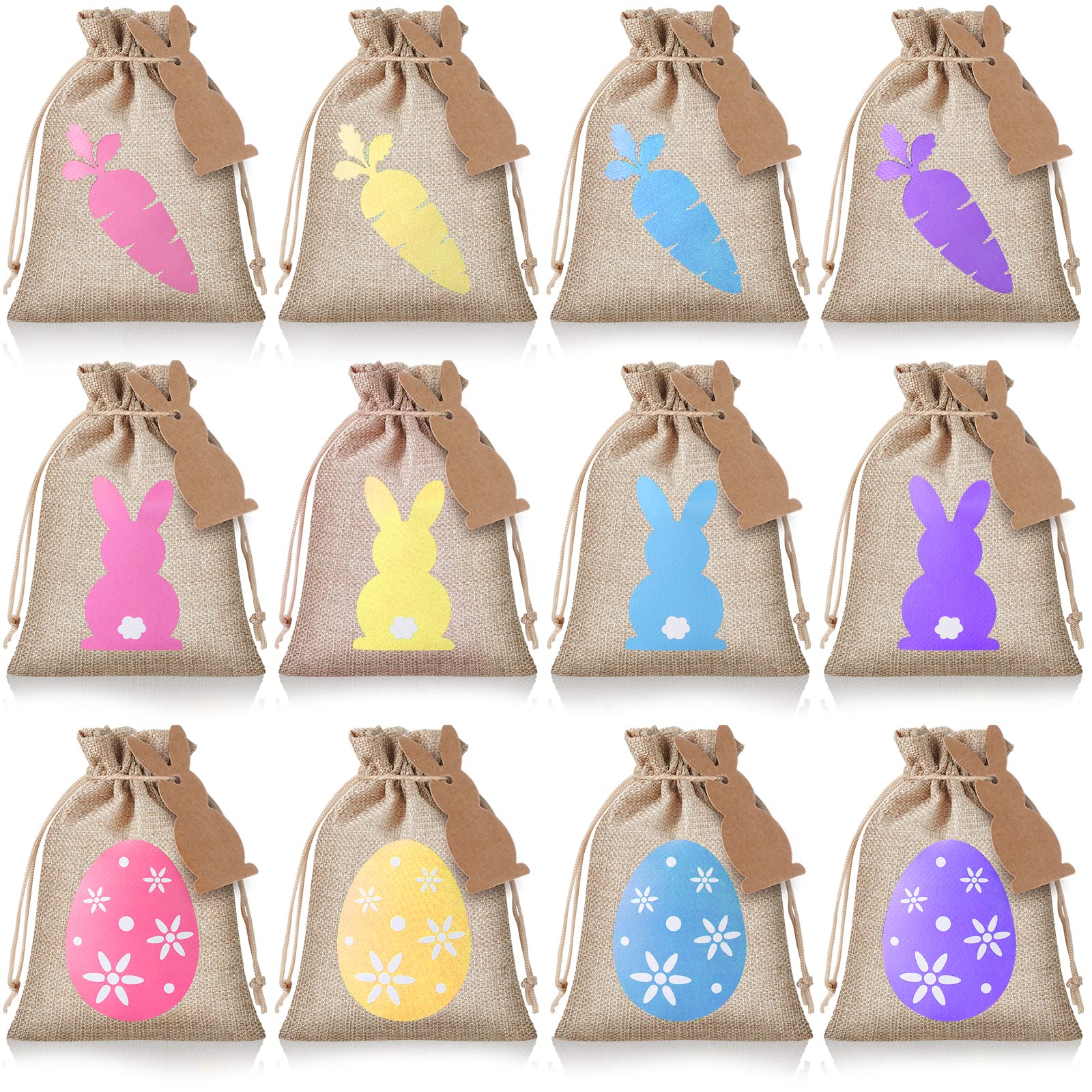 Shappy 24 Pcs Easter Burlap Drawstring Gift Bags - Bunny Linen Goodie Bags with Double Jute Drawstrings for Easter Egg Hunt, Party Favors, Candy Storage & Holiday Decorations (Cute Style)