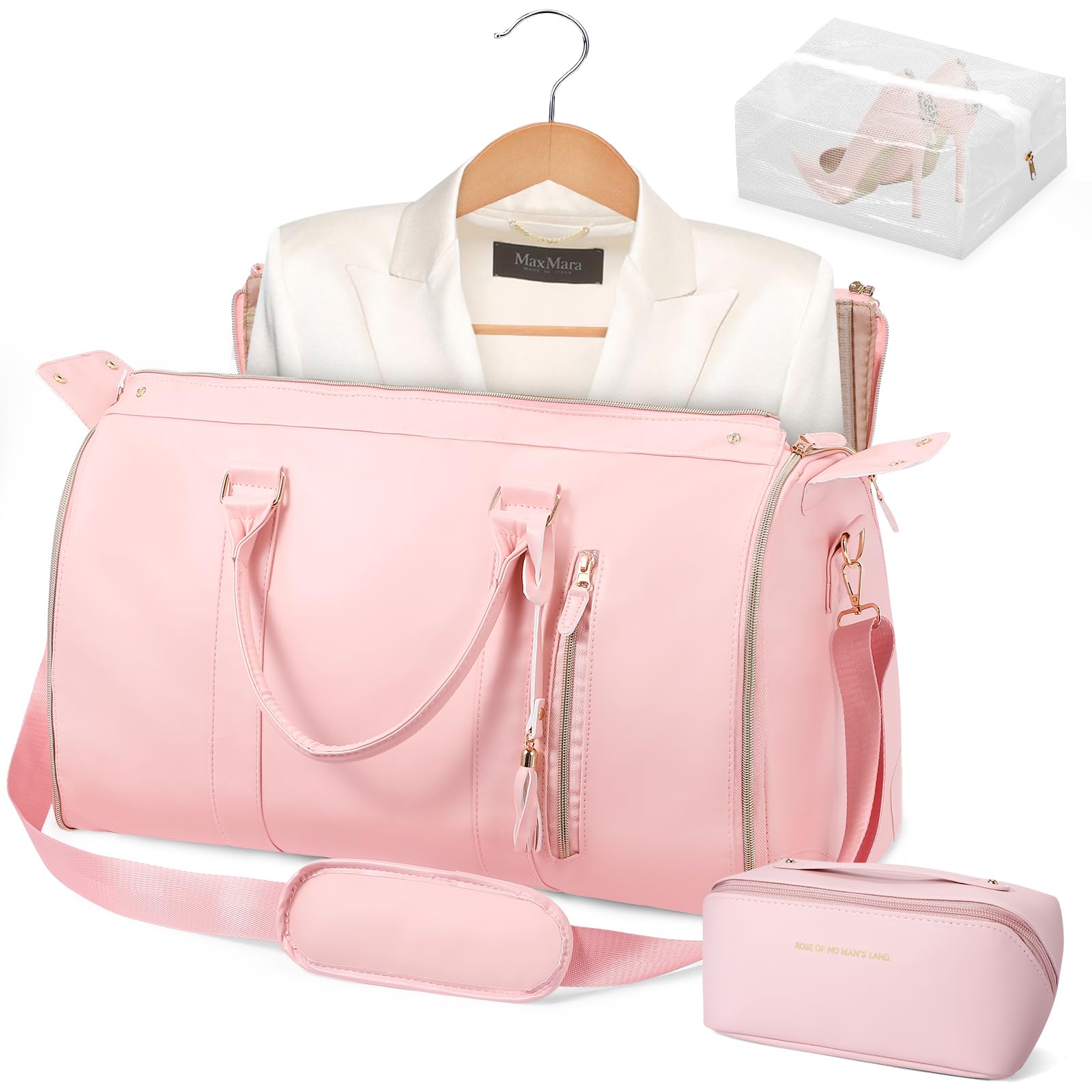 Premium 2-in-1 Convertible PU Leather Garment Bag for Women - Travel Hanging Suitcase with Shoe Compartment & Toiletry Pouch | Carry-On Dress Bag for Business Trips, Weddings & Vacations (Pink)