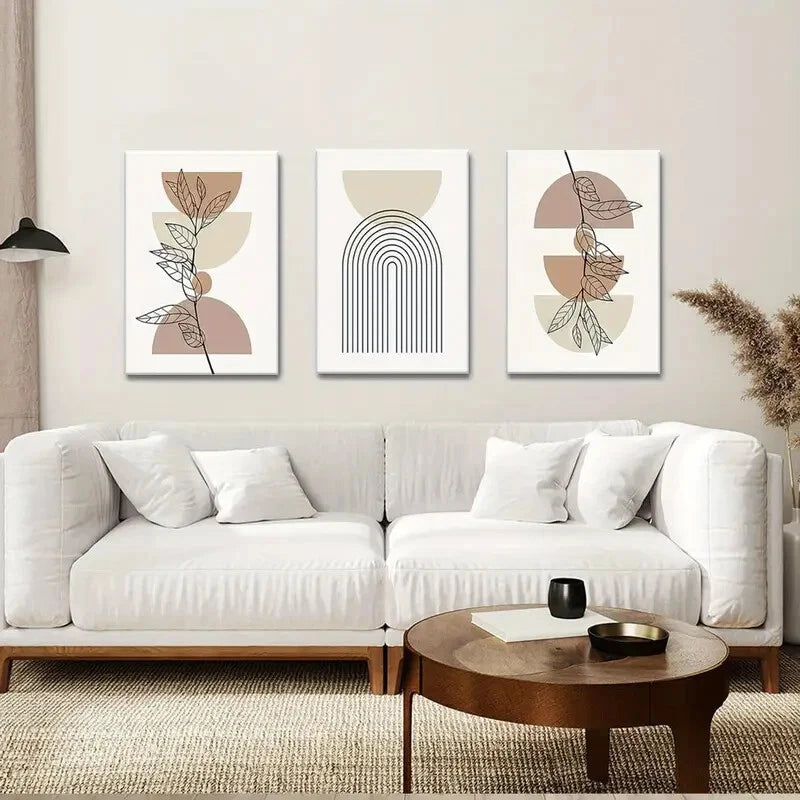 3-Piece Abstract Geometric Line Leaf Beige Botanical Metal Wall Art Prints - Ready to Hang for Living Room, Bedroom & Office Decor