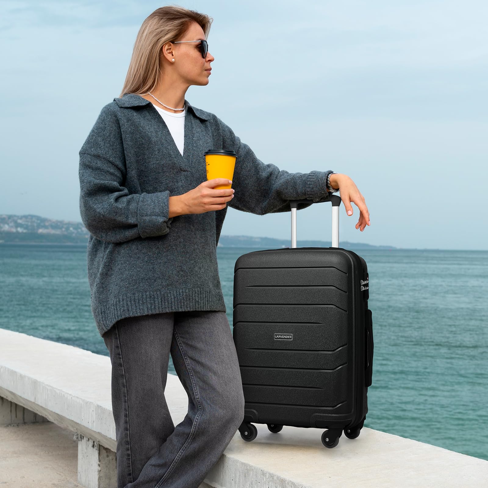 Lavender 3-Piece Hard Shell Carry On Luggage Set for Women - 20 Inch Airline Approved Spinner Suitcase with TSA Lock (22x14x9 Inches) - Perfect for Business Travel, Weekend Getaways & Airplane Cabins (Black, 20Inch/DB/TB)