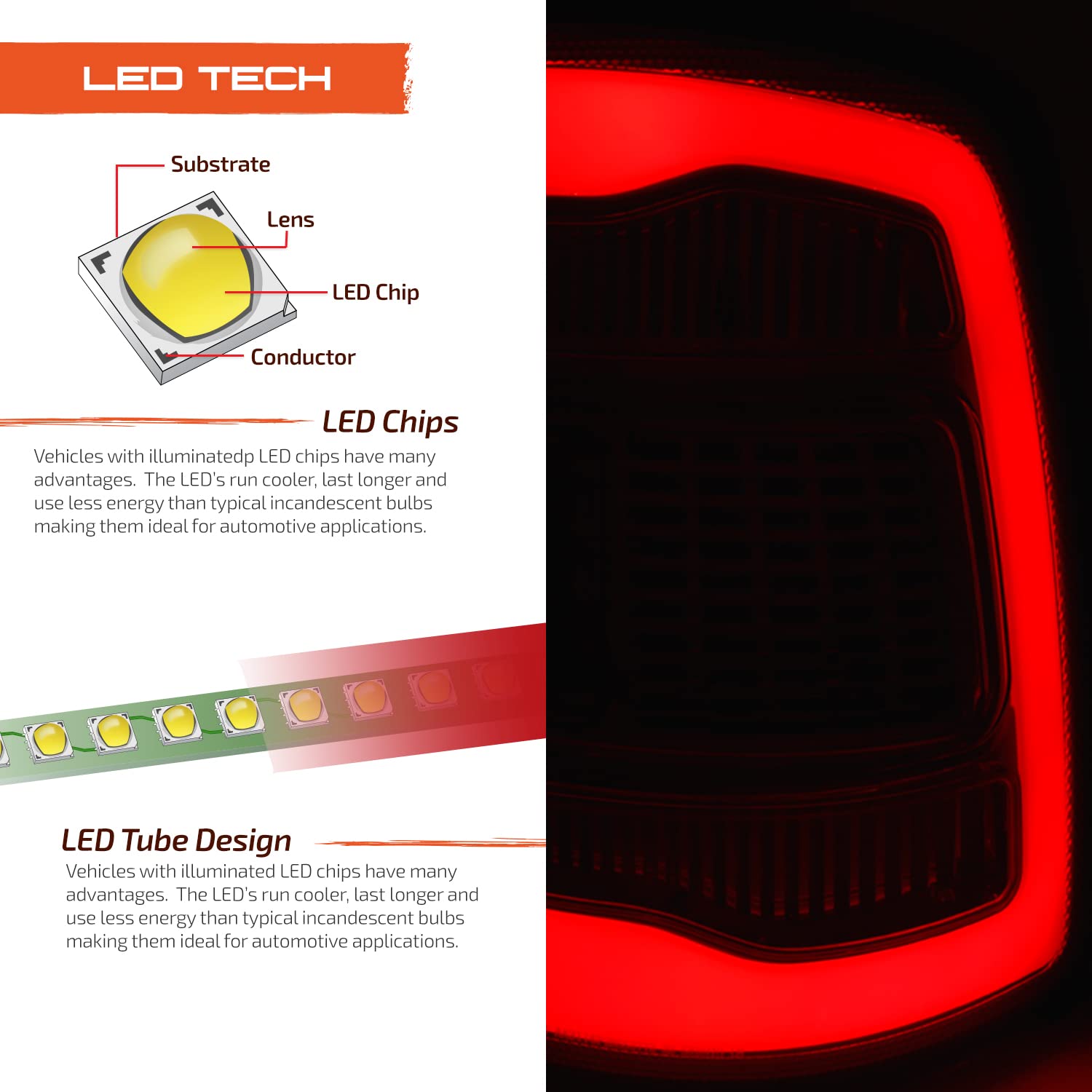 AKKON Full LED C-Tube Chrome Red Tail Lights Brake Lamp Pair for 2009-2018 Dodge Ram 1500 2500 3500 - Driver & Passenger Side - Enhanced Night Visibility & Style Upgrade for Trucks