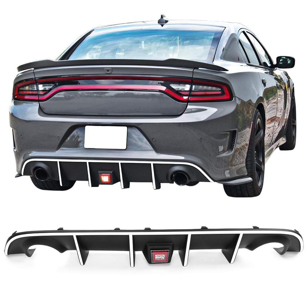 IKON MOTORSPORTS Rear Bumper Lip Diffuser with LED Brake Light & Reflective Tape - Compatible with 2015-2023 Dodge Charger SRT | Aggressive Style Upgrade for Street Racing & Car Shows
