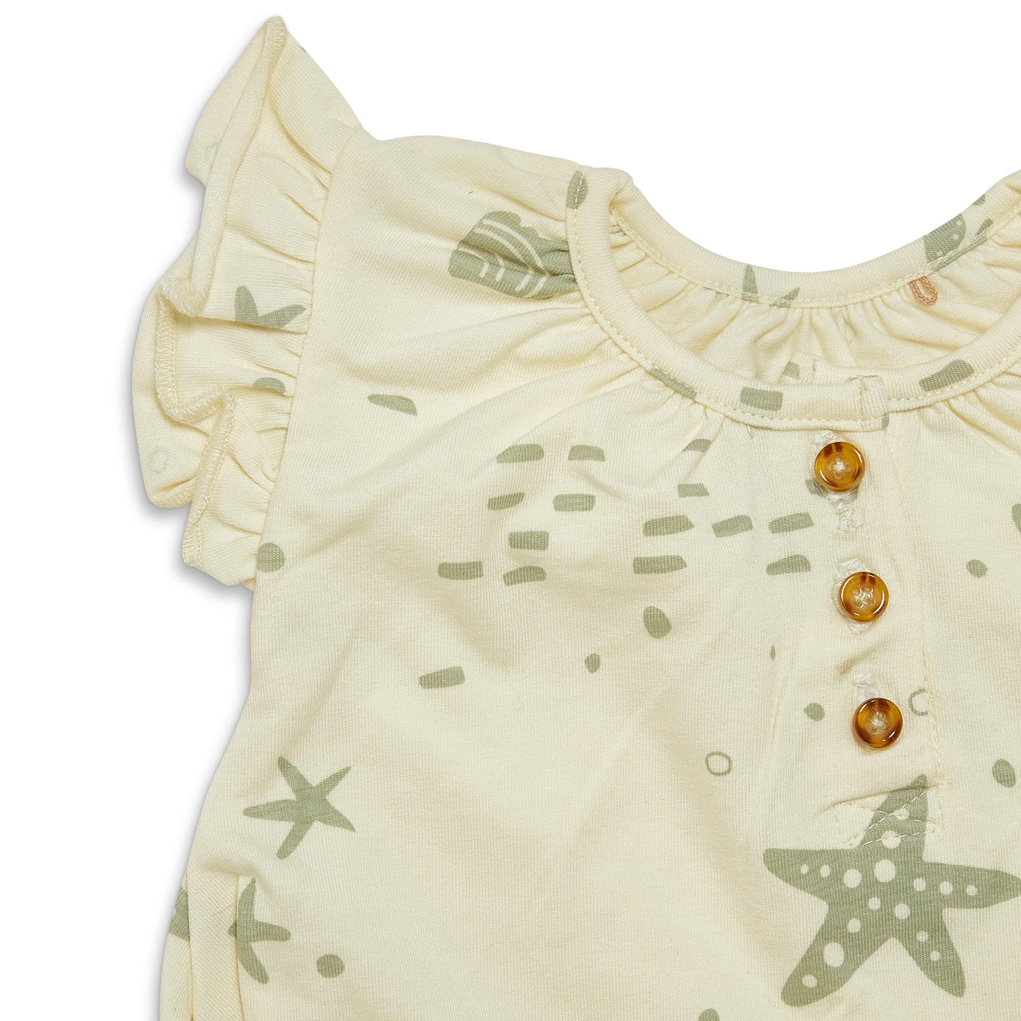 Organic Flutter Sleeve Button Romper for Baby Girls - Soft Cotton Sugar Cookie Color - Perfect for Photoshoots, Playdates & Special Occasions