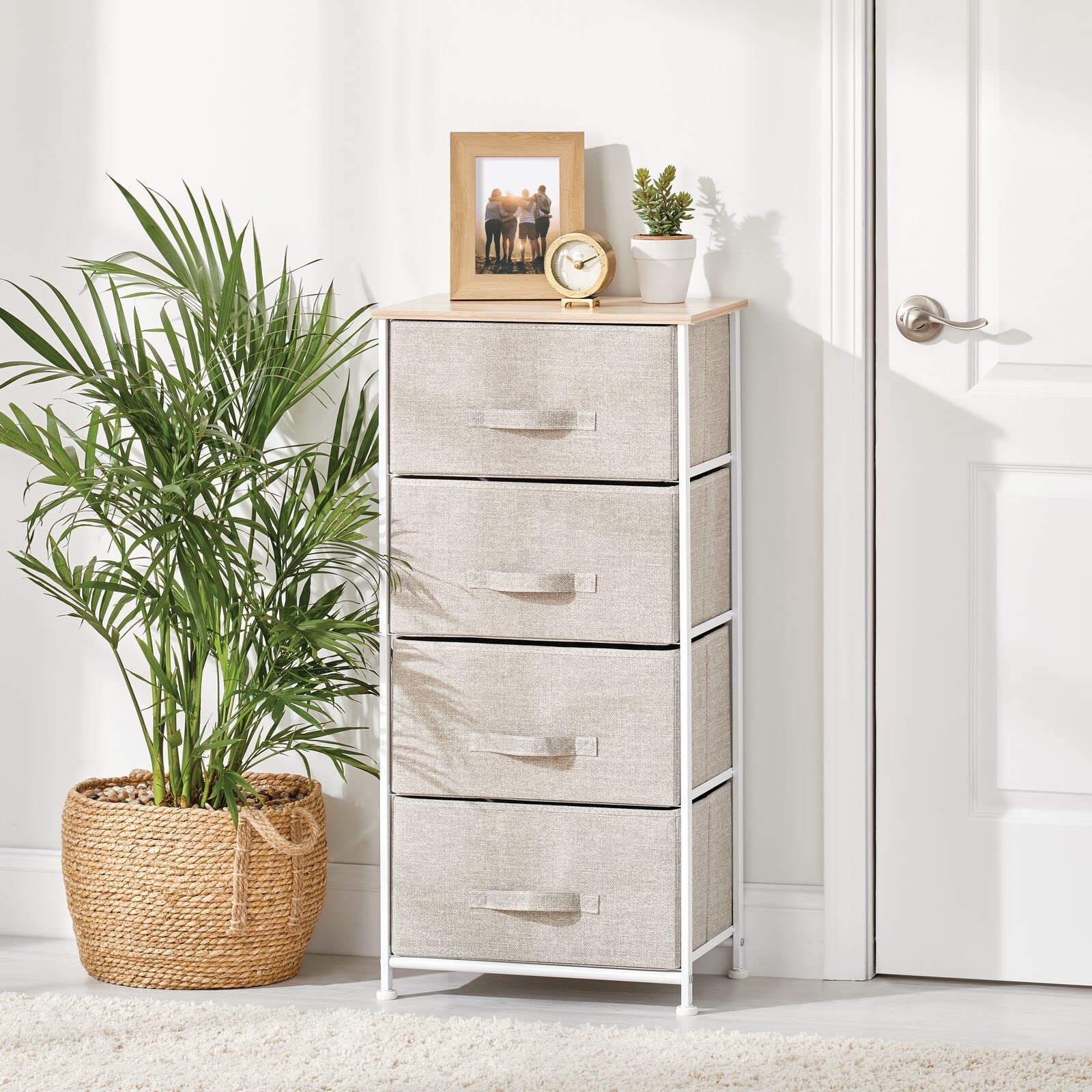 mDesign 4-Drawer Fabric Storage Tower Organizer - Steel Frame & Wood Top Dresser for Bedroom, Closet, Entryway - Lido Collection in Linen/Tan - Perfect for Clothing, Accessories & Home Organization