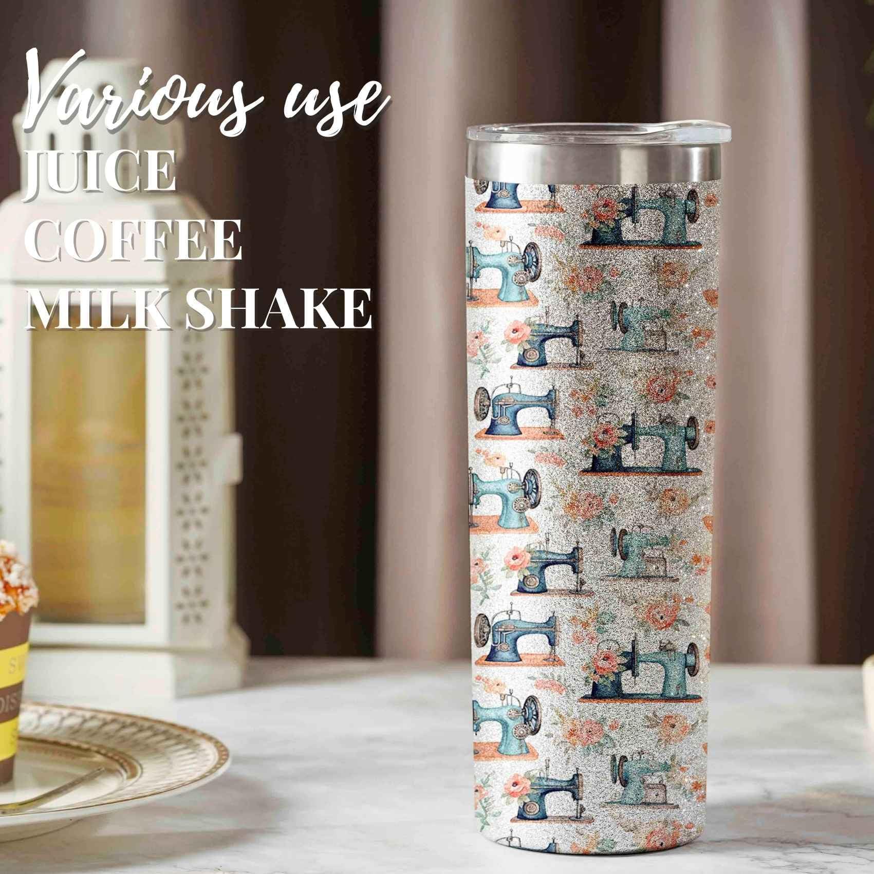 Onebttl 20oz Stainless Steel Insulated Travel Mug with Glitter - Funny Sewing Themed Gift for Women, Sewing Lovers, Knitters & Quilters - Perfect Birthday & Christmas Present for Seamstress - Great for Coffee, Tea & On-the-Go Drinks