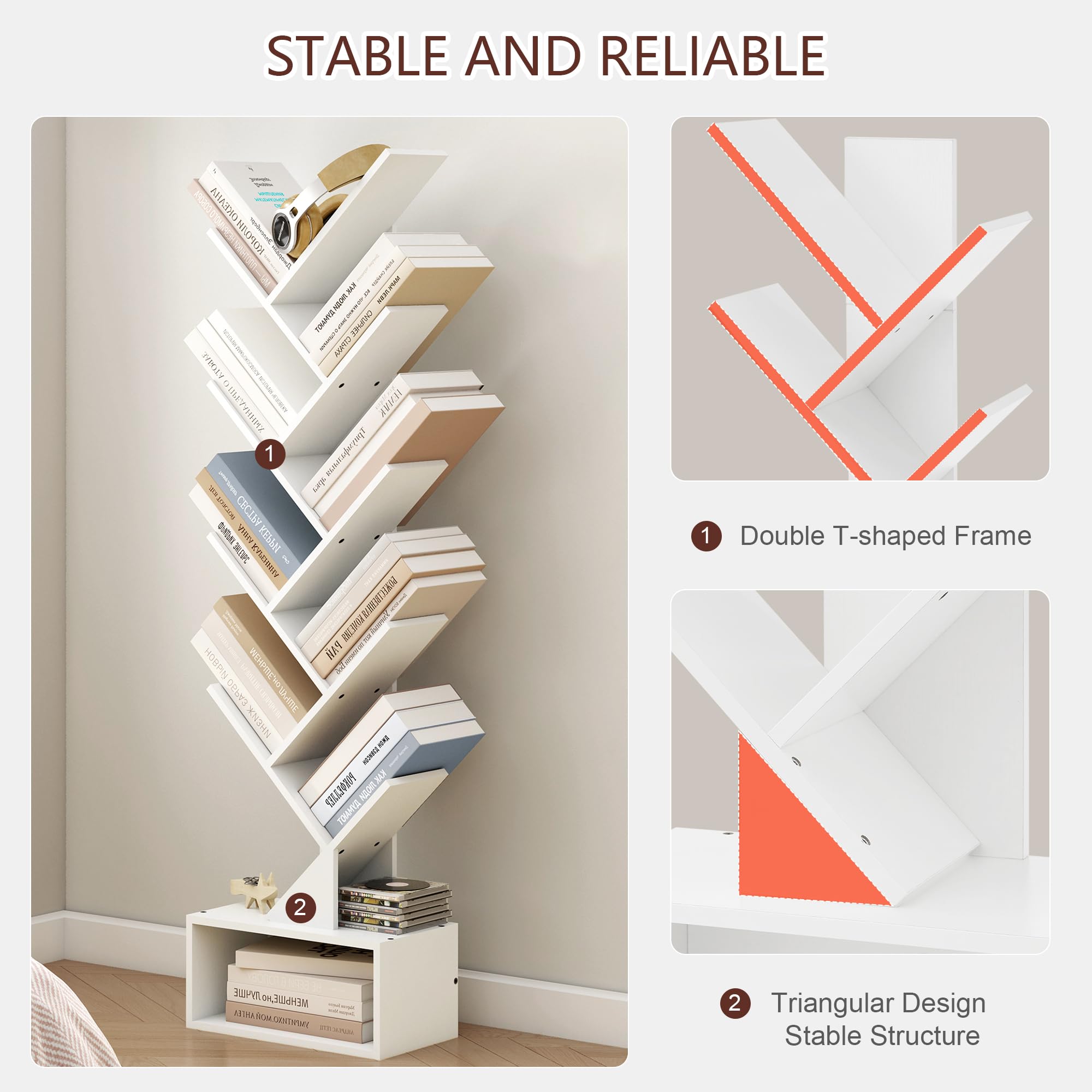 Tajsoon 9 Tier Tree Bookcase with Drawer - Wooden Bookshelf Organizer for CDs, Books, Movies - Storage Rack for Bedroom, Living Room & Home Office - White - Perfect for Small Spaces & Book Lovers