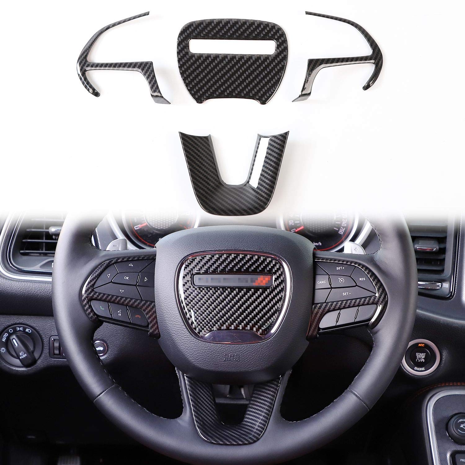 ABS Carbon Fiber Steering Wheel Trim Kit for 2015-2022 Dodge Challenger & Charger - 4pc Set | Premium Interior Upgrade for Challenger, Charger, Durango & Jeep Grand Cherokee SRT8 | Enhances Grip & Sporty Look for Racing & Daily Driving