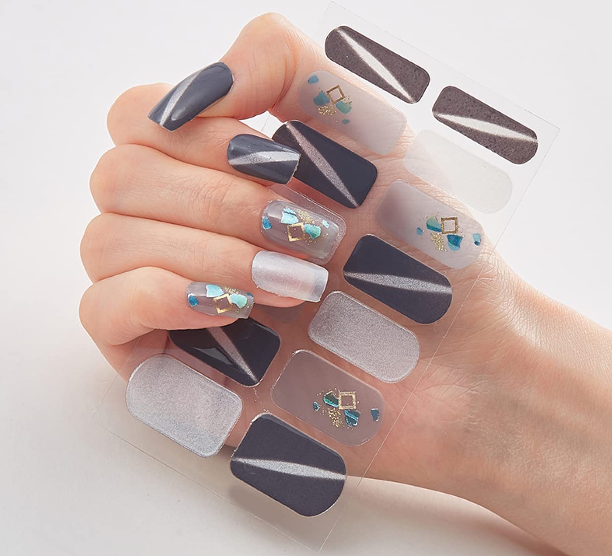 3D Nail Stickers for Women & Girls - Waterproof, Glittery, Luxury DIY Nail Art - Self-Adhesive Peel Off Extension Nails - 14 Tips Multicolor (DQ3-04) - Perfect for Parties, Weddings & Everyday Glam