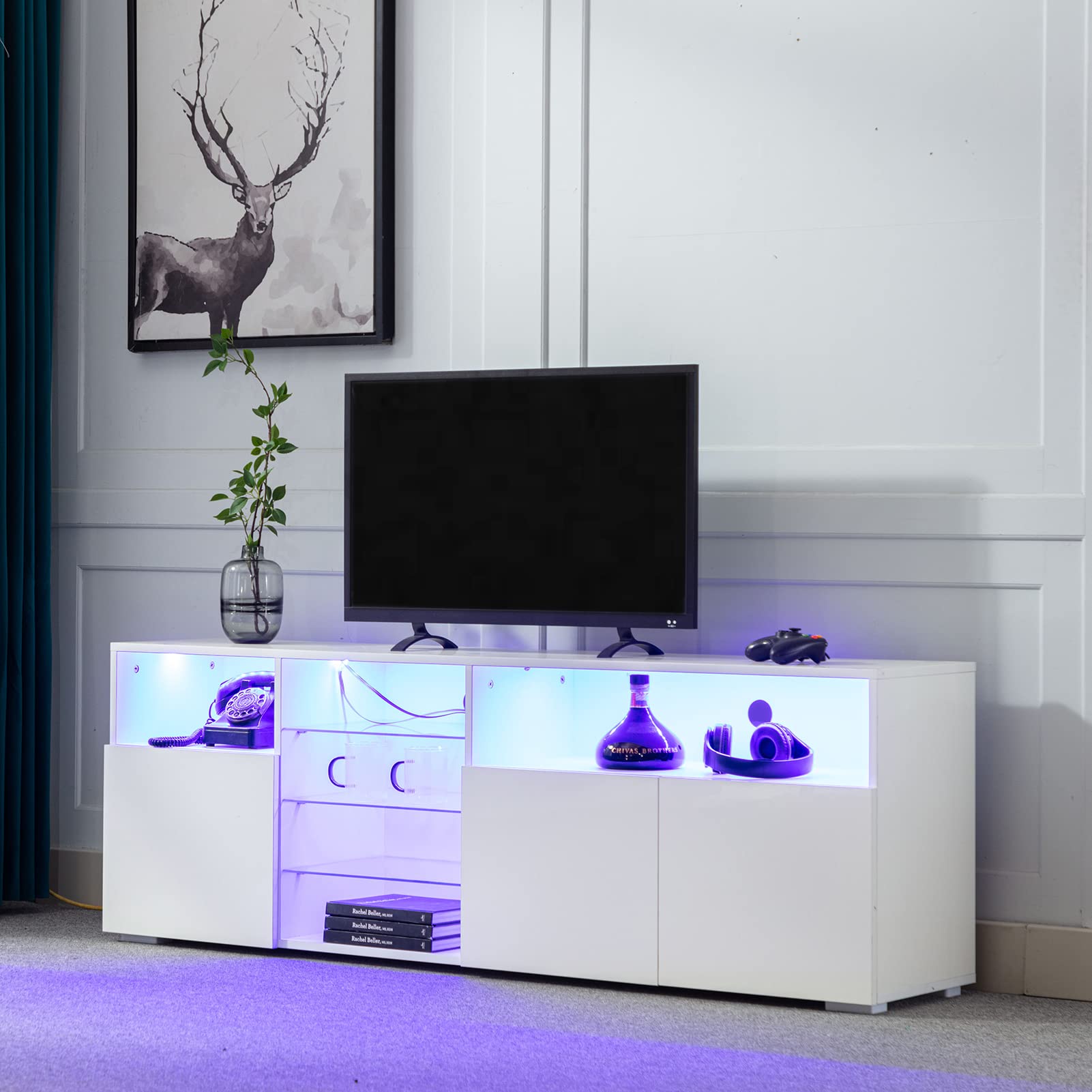 Vinctik 65 Inch TV Stand with RGB LED Lighting - Modern White Entertainment Center with Adjustable Shelves & 20-Color Smart Lighting for Living Room, Bedroom & Home Theater