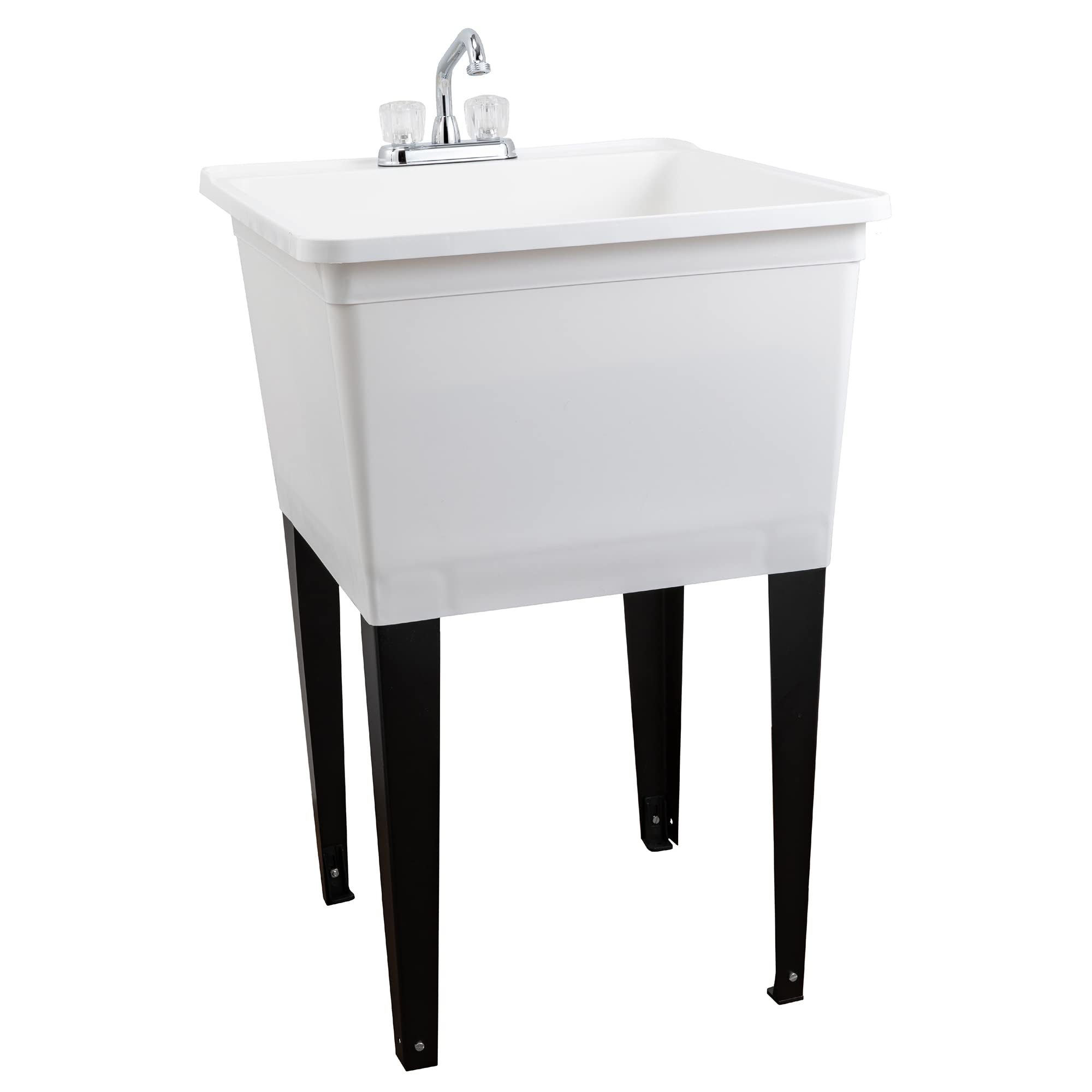 Tehila Basics 21-Gallon White Utility Sink with Chrome Faucet - Heavy Duty Plastic Laundry Tub, Adjustable Legs - Perfect for Laundry Rooms, Garages & Basements