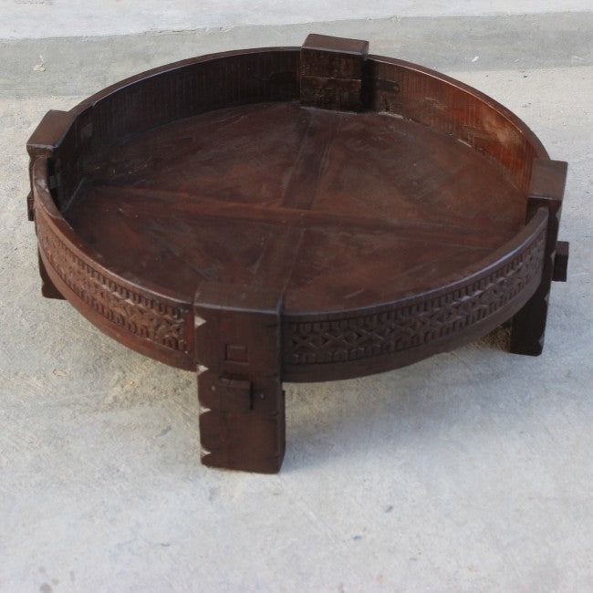 Hand Carved Tribal Grinder Round Coffee Table - Solid Wood Honey Finish for Living Room & Lounge Decor