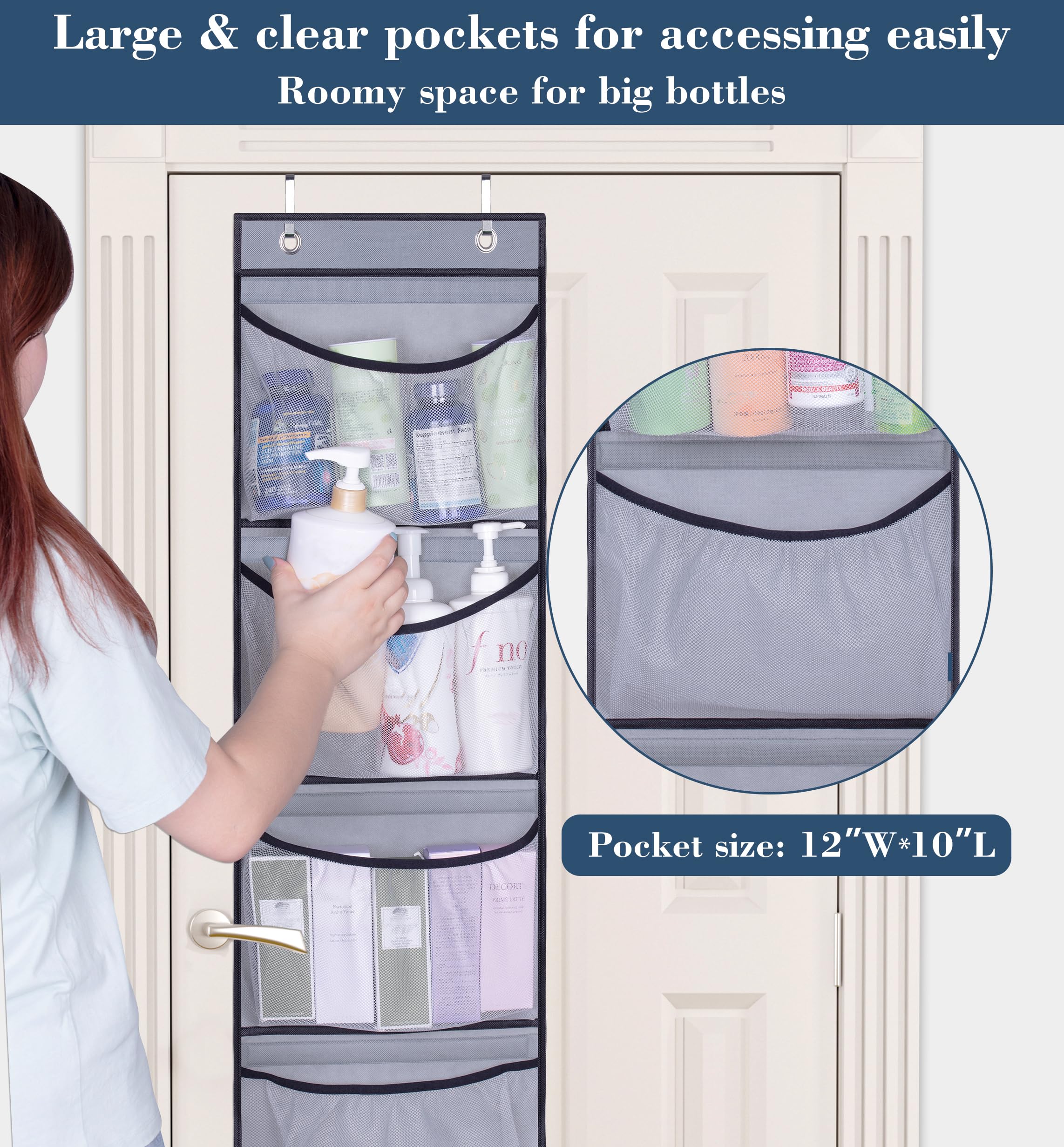 KEETDY Over The Door Hanging Shelves - 5-Pocket Storage Organizer for Closet, Bedroom & Bathroom - Space Saving Solution for Towels, Toys & Accessories - 2 Pack (Grey)