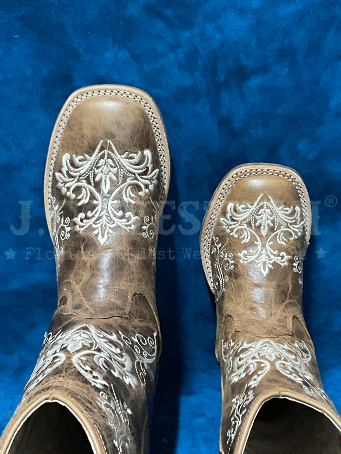 Old West 1958 Kids Embroidered Square Toe Western Boots - Brown Leather Cowboy Boots for Boys & Girls - Perfect for Rodeo, Country Dance & Western Themed Parties