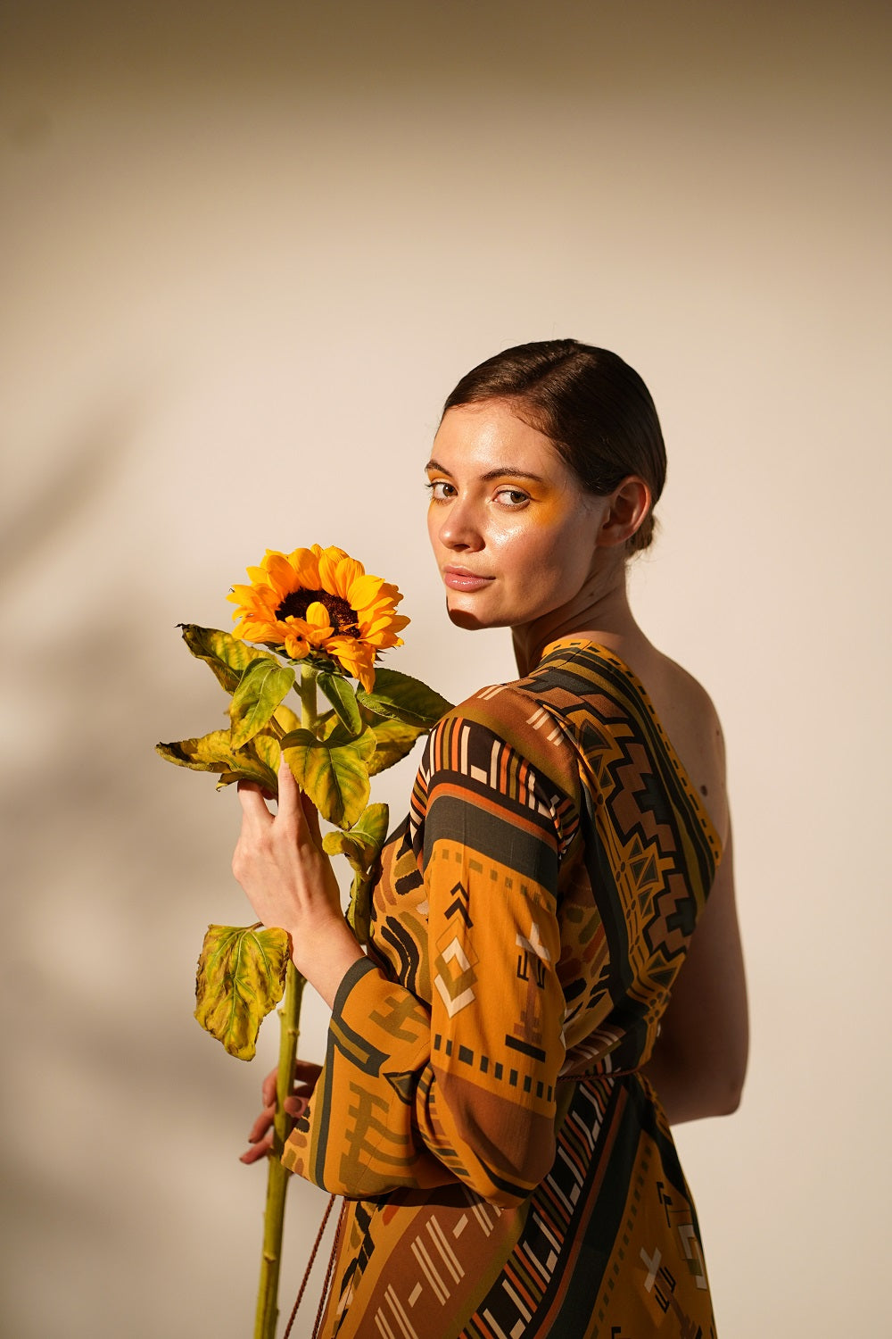 Mustard Aztec Print One Shoulder Dress for Women - Boho Chic Summer Party Outfit - Perfect for Beach Vacations, Music Festivals & Date Nights