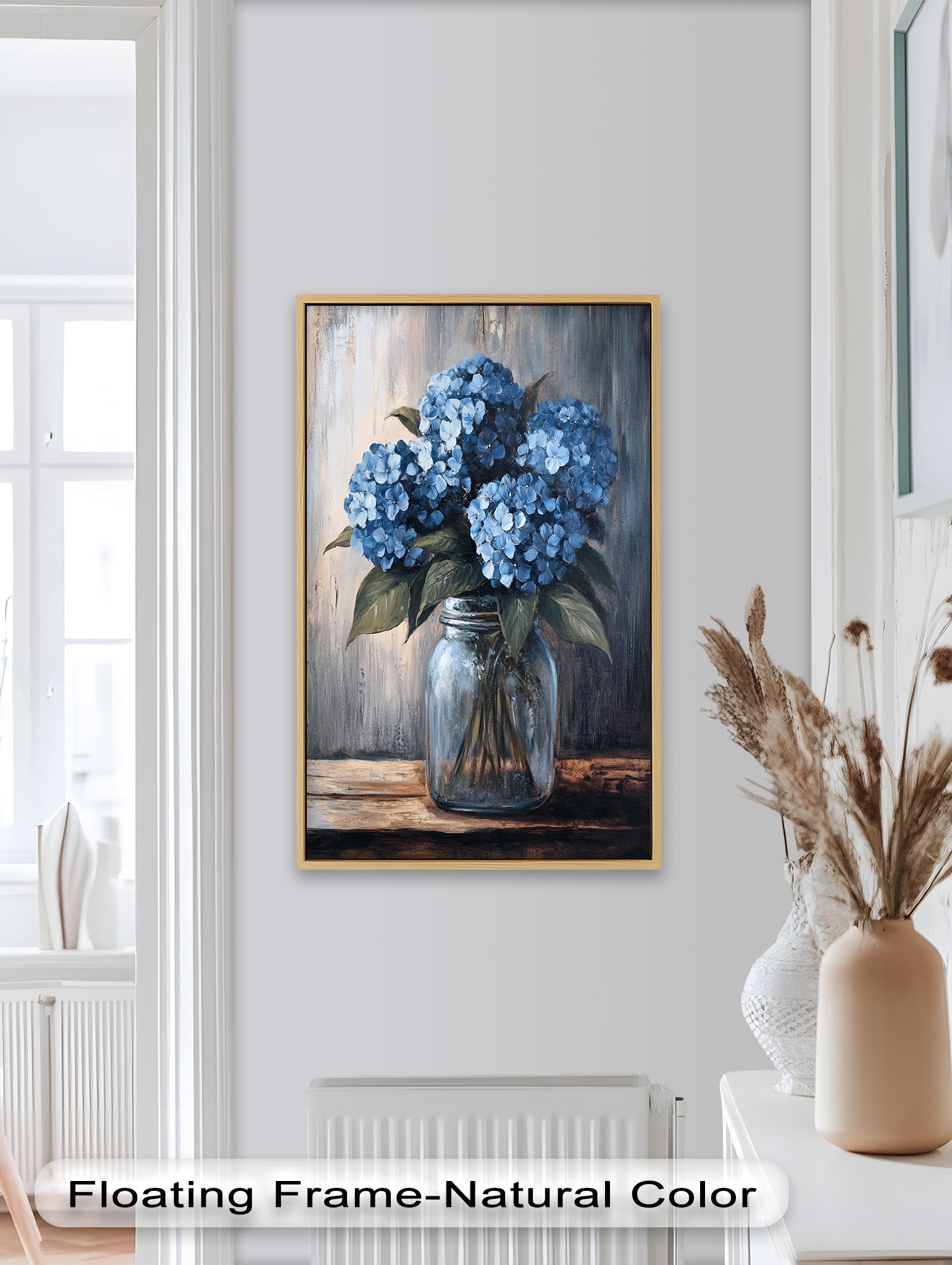 Blue Serenity Hydrangea Blooms in Mason Jar - Floral Oil Painting Wall Art for Home Decor, Living Room, Bedroom & Office | Handmade Canvas Artwork