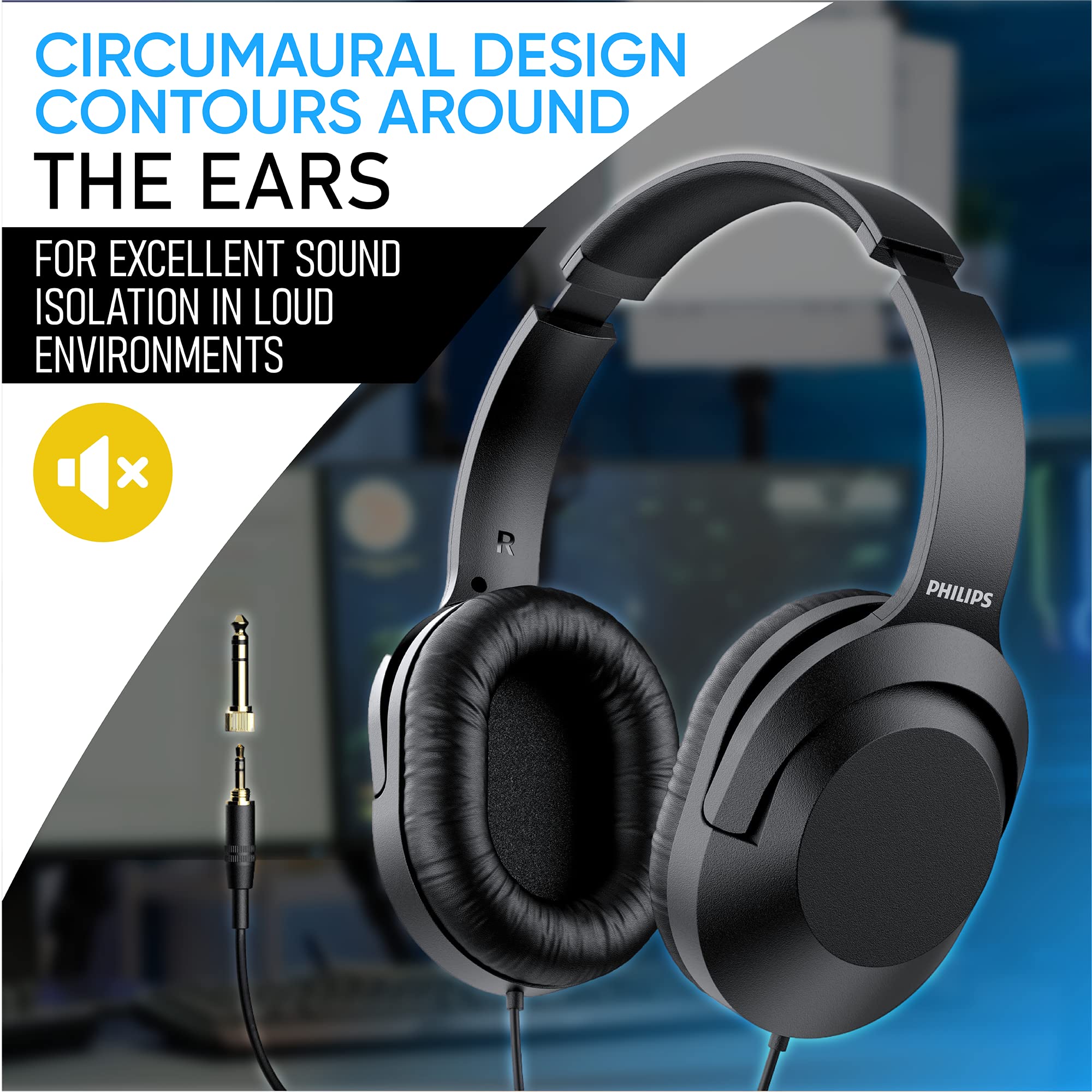 Philips Over-Ear Wired Stereo Headphones with 6.3mm Adapter - Professional Studio Monitoring Headset for Podcasting, Recording, Computer, Keyboard & Guitar - Perfect for Home Studios & Music Production