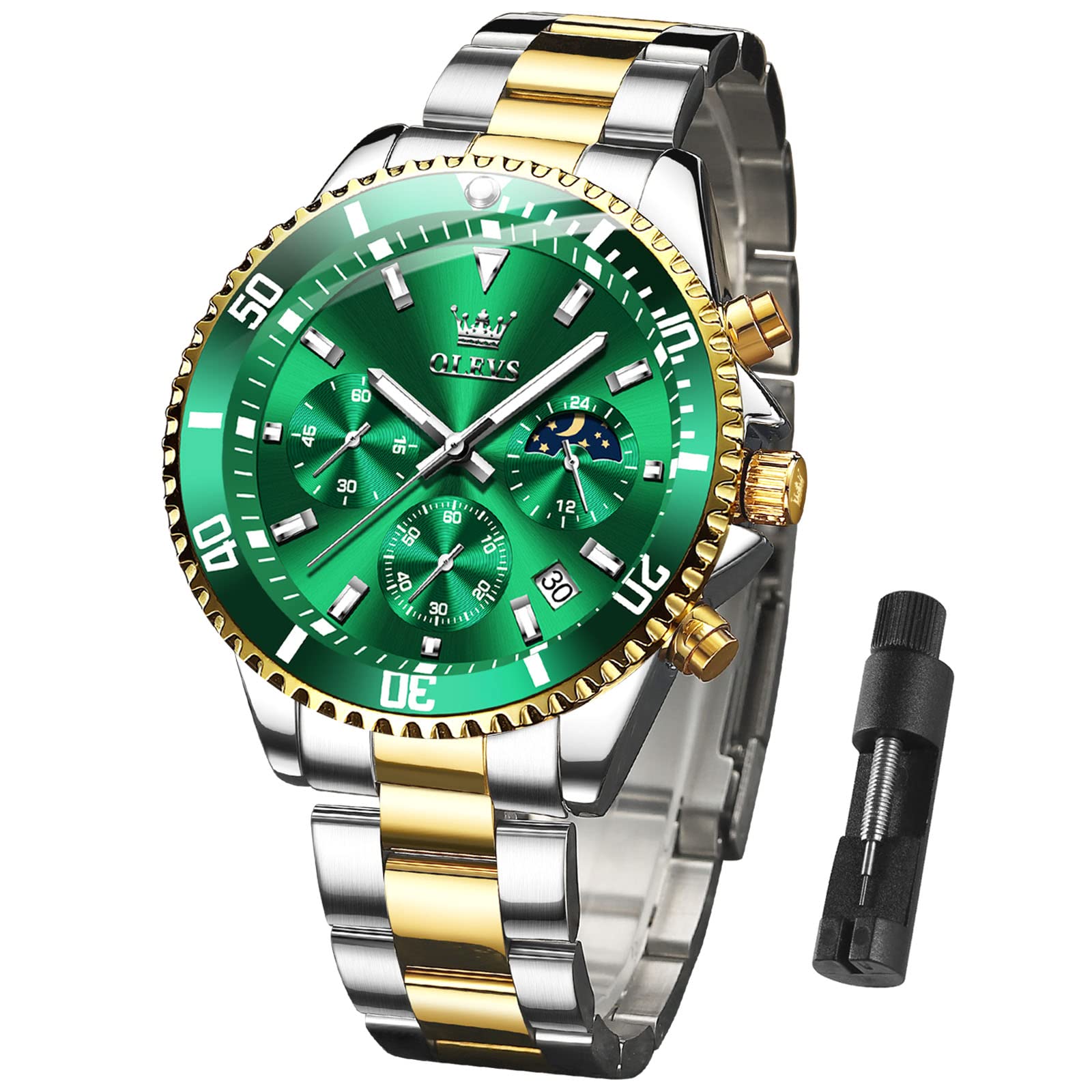 OLEVS Men's Luxury Stainless Steel Analog Quartz Watch - Big Dial, Waterproof, Luminous, Rotatable Bezel - Classic Business Wristwatch for Professional & Formal Occasions