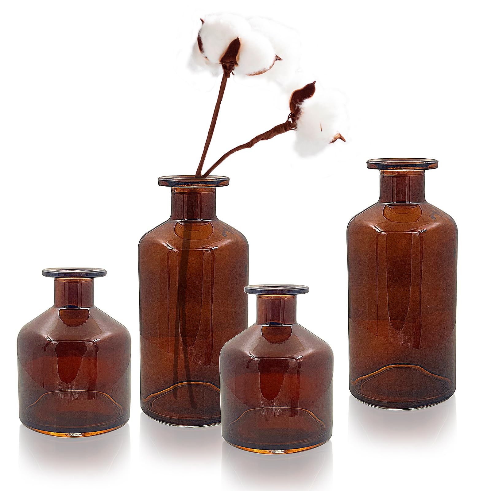 WDHODEC Set of 4 Amber Glass Bud Vases - Small Floral Centerpiece Vases for Weddings, Parties & Home Decor | Mini Apothecary Jars for Flowers, Table Arrangements & DIY Floral Displays