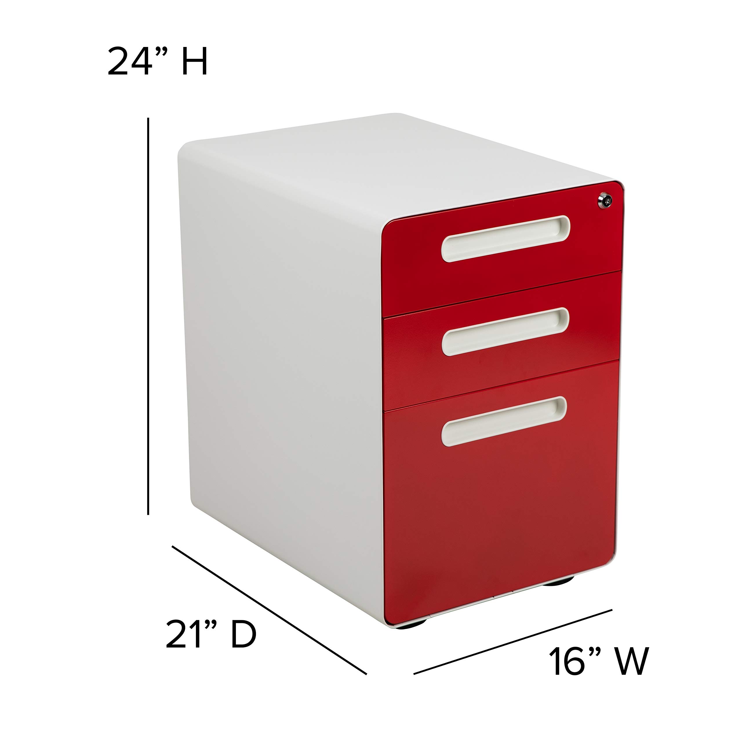 Ergonomic 3-Drawer Mobile Locking Filing Cabinet - White with Red Faceplate | Secure Office Storage Solution for Documents & Files | Perfect for Home Office, Workplace & Business Organization