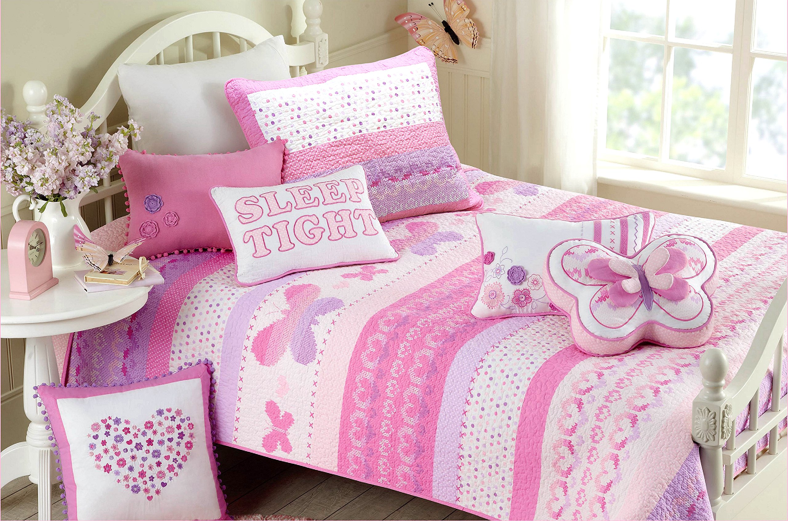 Pink Butterfly Knit 100% Cotton Reversible Quilt Bedding Set - 6 Piece Queen Size (1 Quilt + 2 Shams + 3 Decorative Pillows) | Cozy Line Home Fashions | Soft & Breathable Coverlet & Bedspread for Bedroom Decor, Guest Room & Cozy Nights